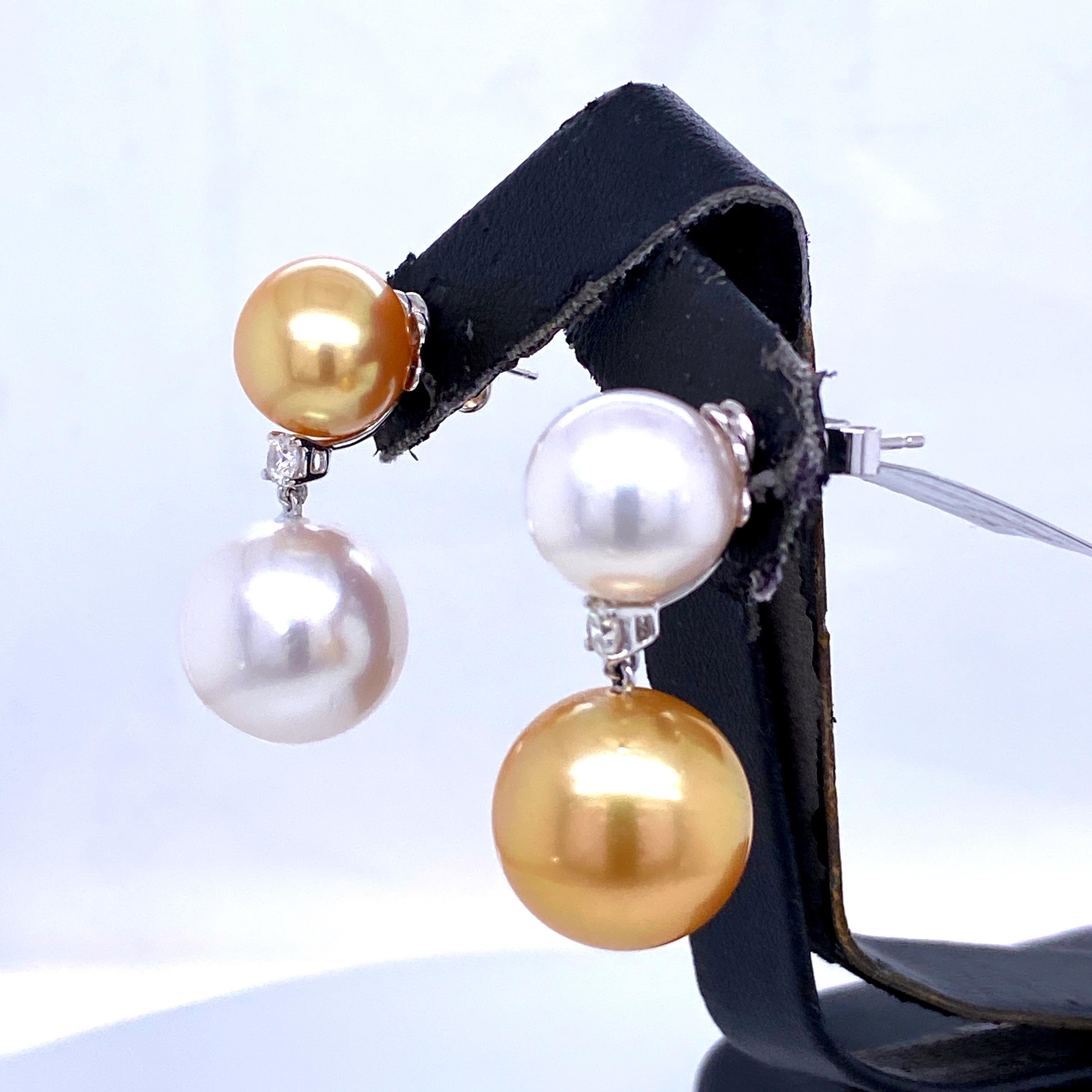 South Sea and Golden Pearl Diamond Drop Earrings 0.25 Carat 18 Karat White Gold For Sale 1