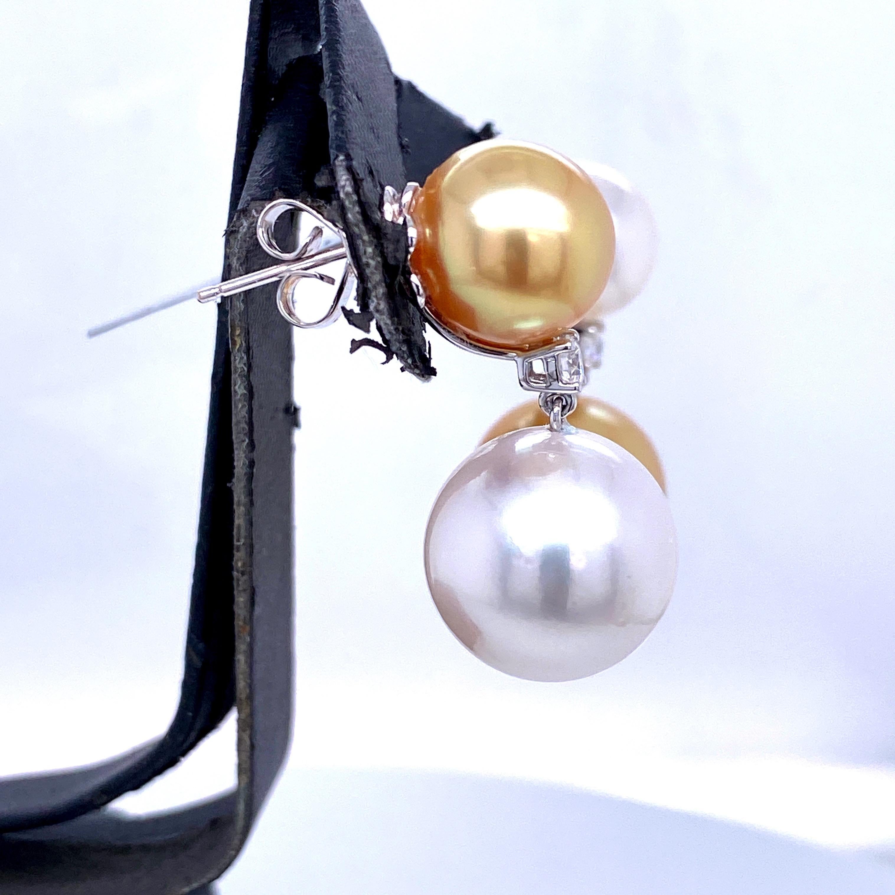 South Sea and Golden Pearl Diamond Drop Earrings 0.25 Carat 18 Karat White Gold For Sale 2