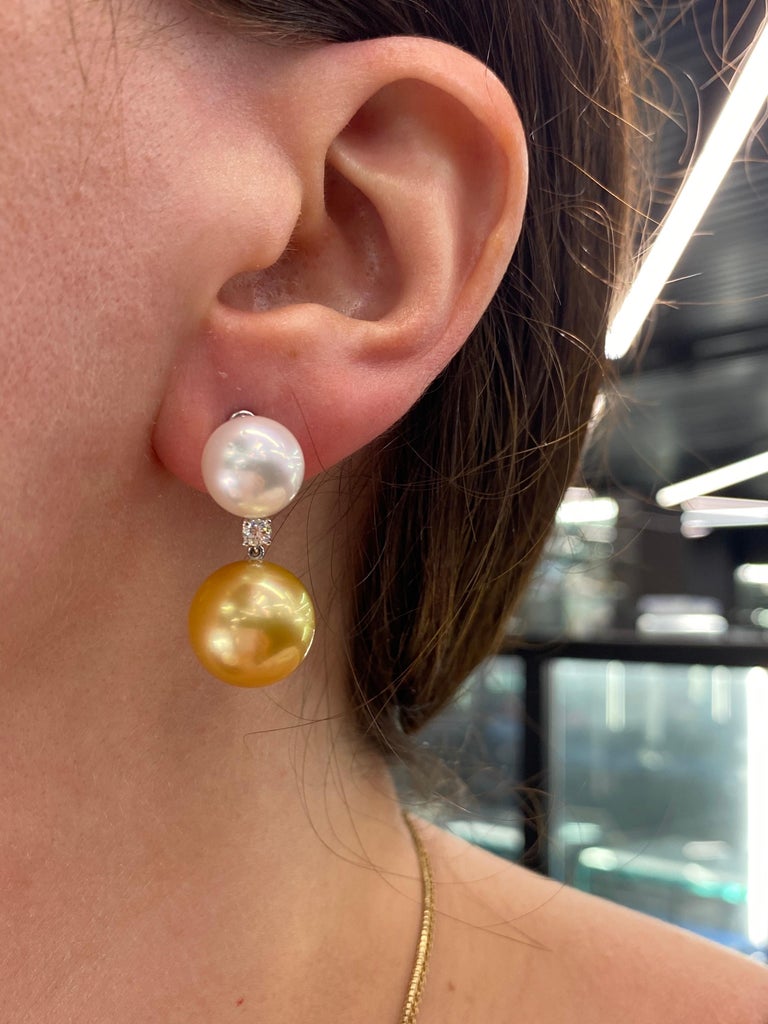 South Sea and Golden Pearl Diamond Drop Earrings 0.25 Carat 18 Karat ...