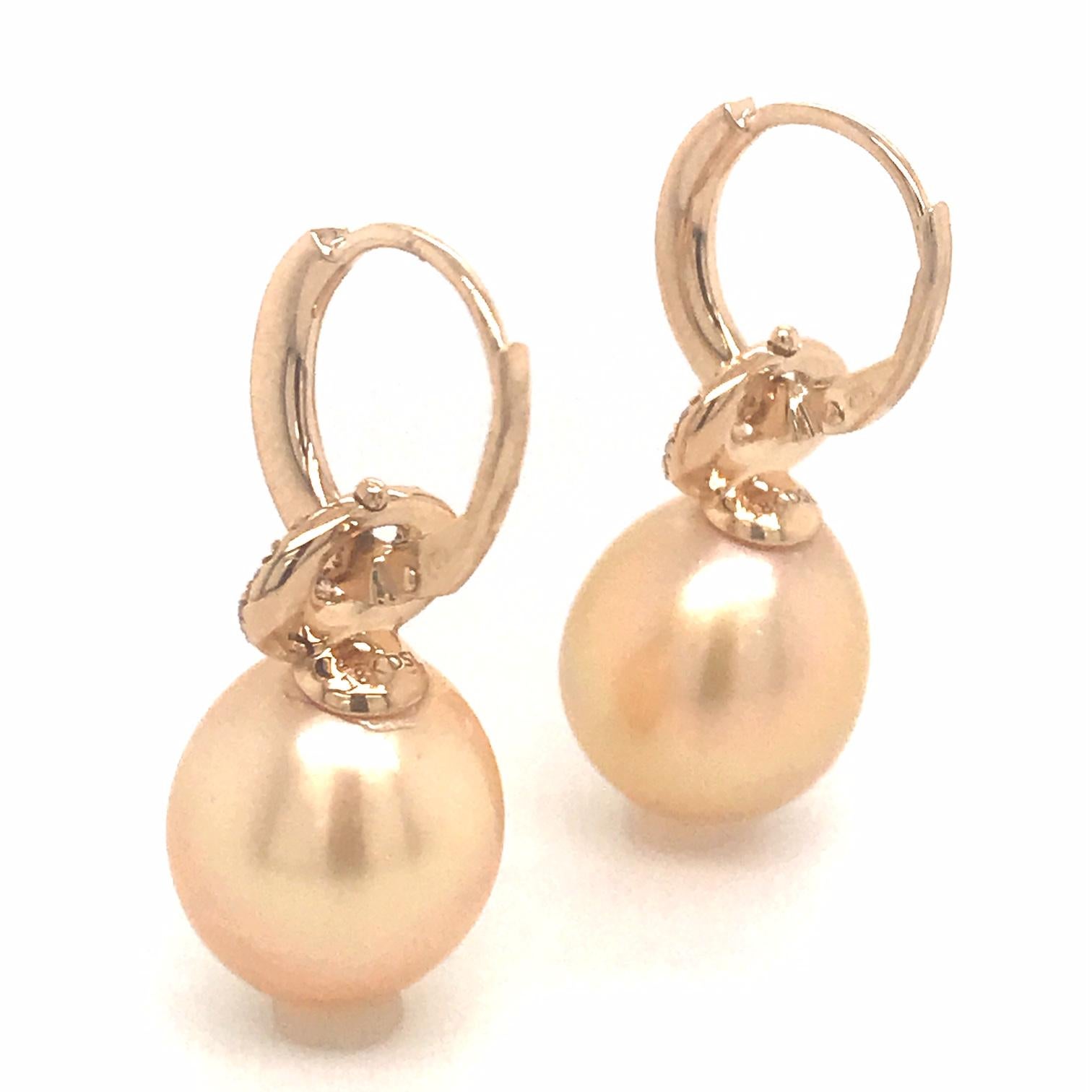 South Sea Golden Pearl Diamond Drop Earrings 0.57 Carat 18 Karat Yellow Gold For Sale 4