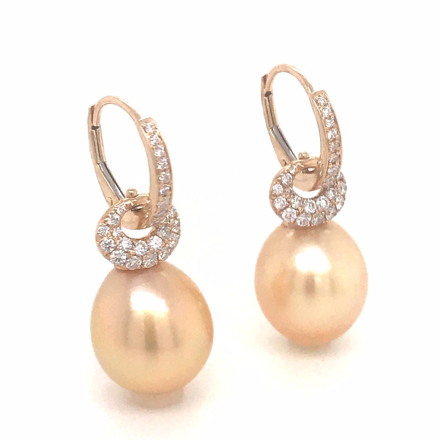 Contemporary South Sea Golden Pearl Diamond Drop Earrings 0.57 Carat 18 Karat Yellow Gold For Sale