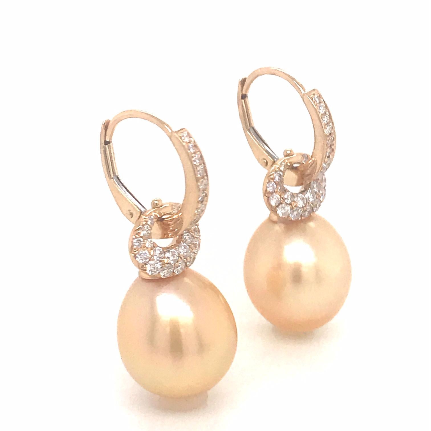 Round Cut South Sea Golden Pearl Diamond Drop Earrings 0.57 Carat 18 Karat Yellow Gold For Sale