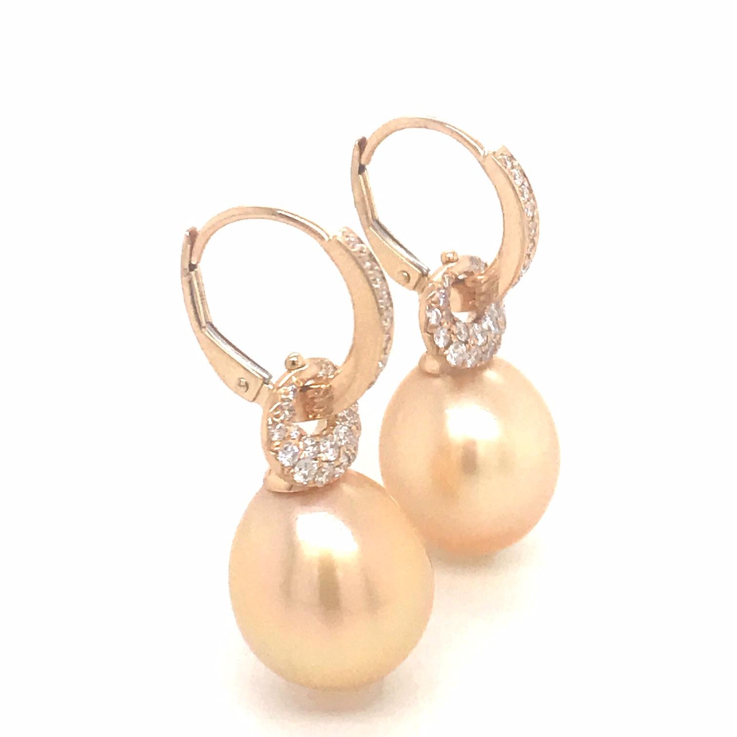 South Sea Golden Pearl Diamond Drop Earrings 0.57 Carat 18 Karat Yellow Gold In New Condition For Sale In New York, NY
