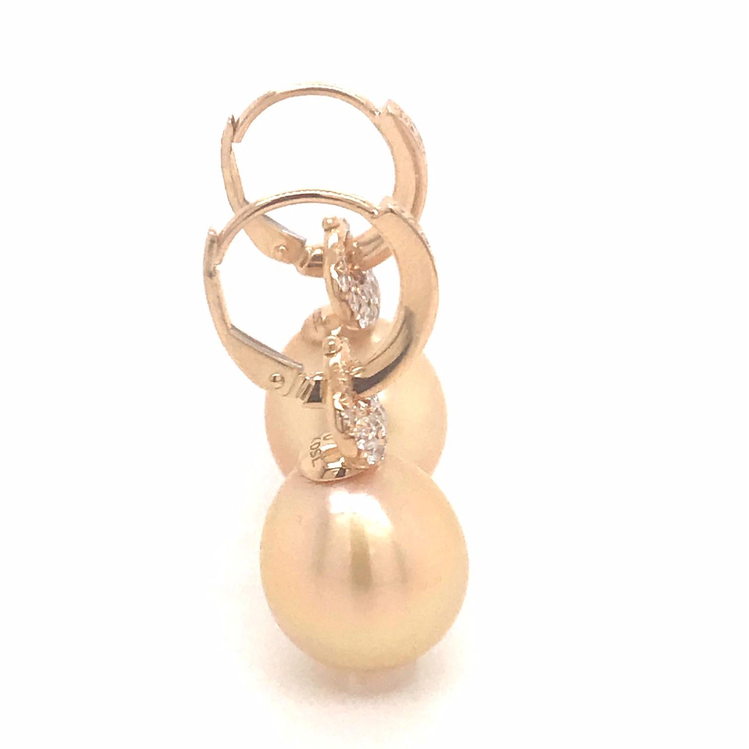Women's South Sea Golden Pearl Diamond Drop Earrings 0.57 Carat 18 Karat Yellow Gold For Sale