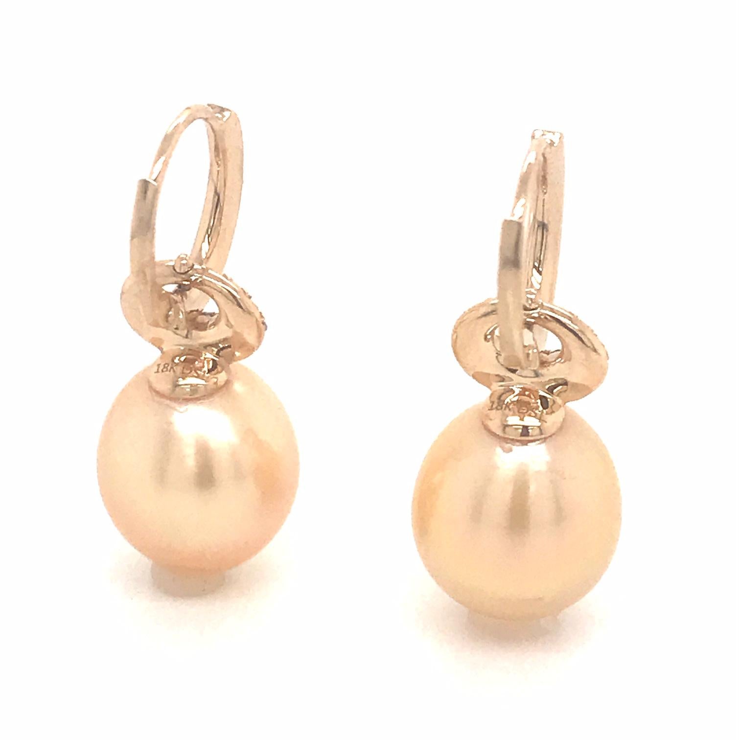 South Sea Golden Pearl Diamond Drop Earrings 0.57 Carat 18 Karat Yellow Gold For Sale 2