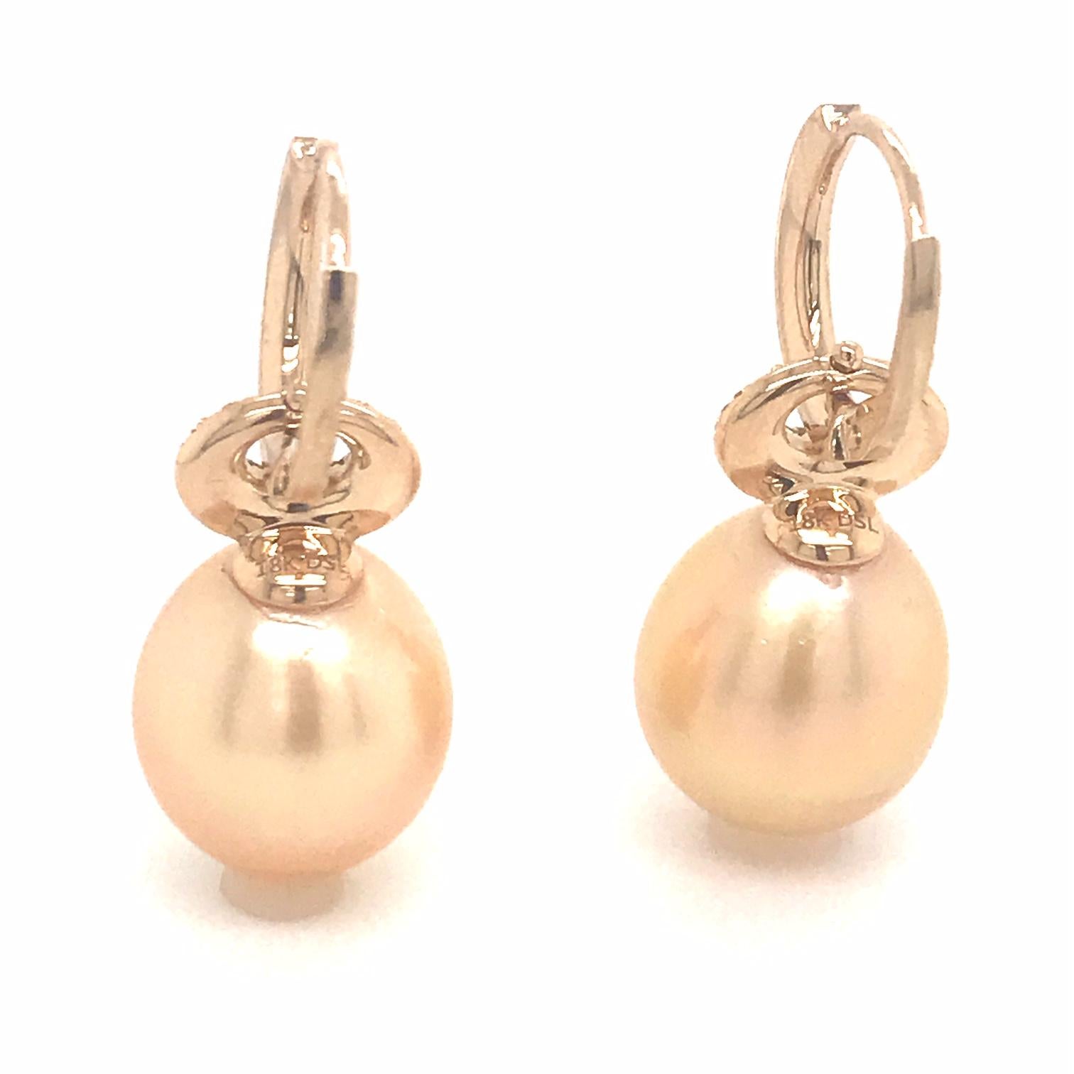 South Sea Golden Pearl Diamond Drop Earrings 0.57 Carat 18 Karat Yellow Gold For Sale 3