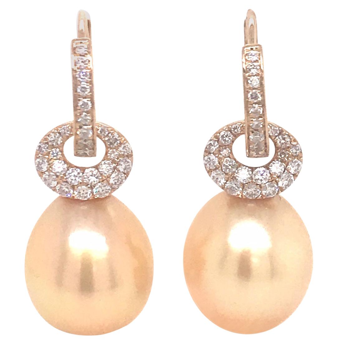 South Sea Golden Pearl Diamond Drop Earrings 0.57 Carat 18 Karat Yellow Gold For Sale