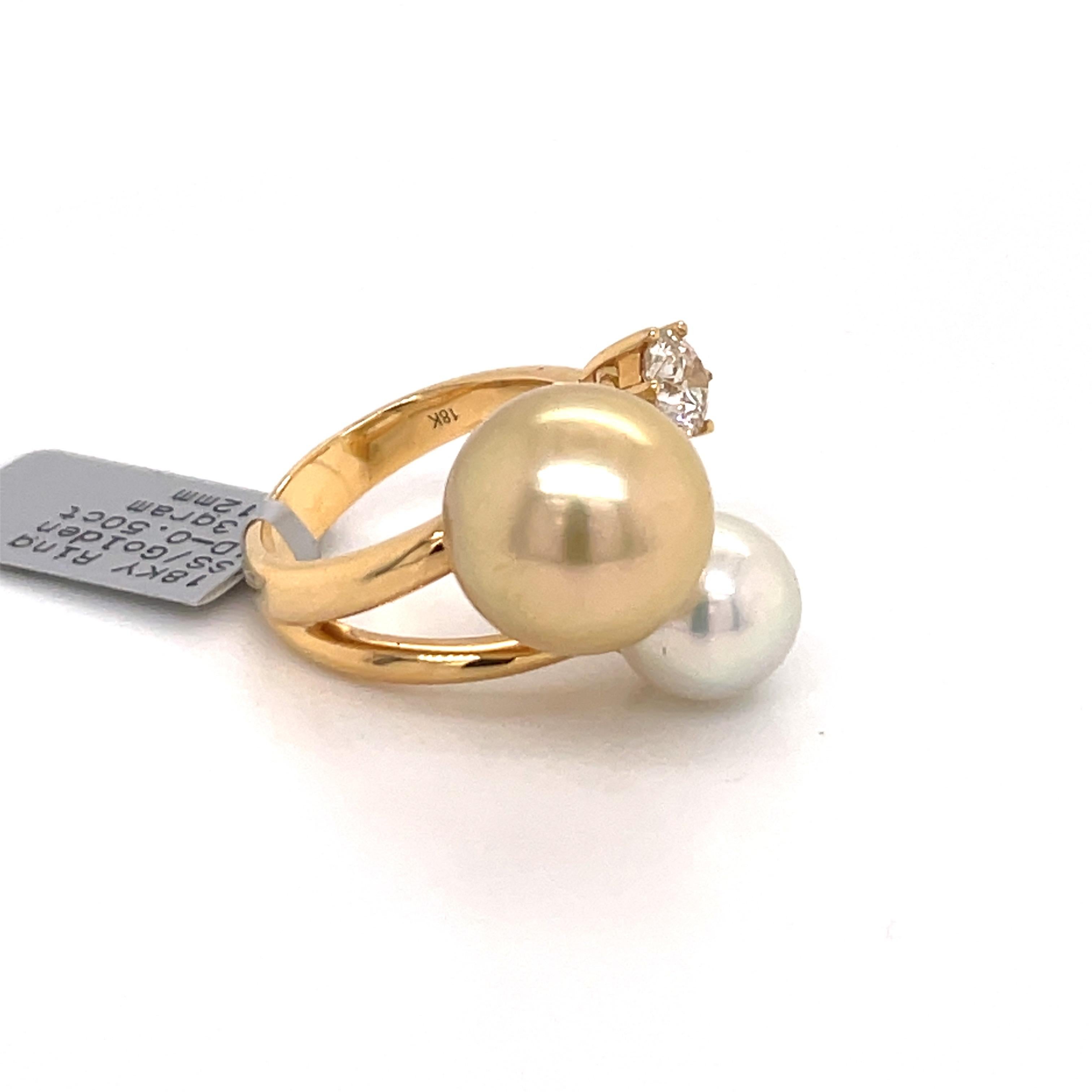 Round Cut South Sea & Golden Pearl Diamond Fashion Ring 0.50 Carats 18K Gold For Sale