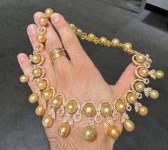 South Sea Pearl Diamond Necklace, Gold Pearls 18K Yellow Gold 13.75 Carat