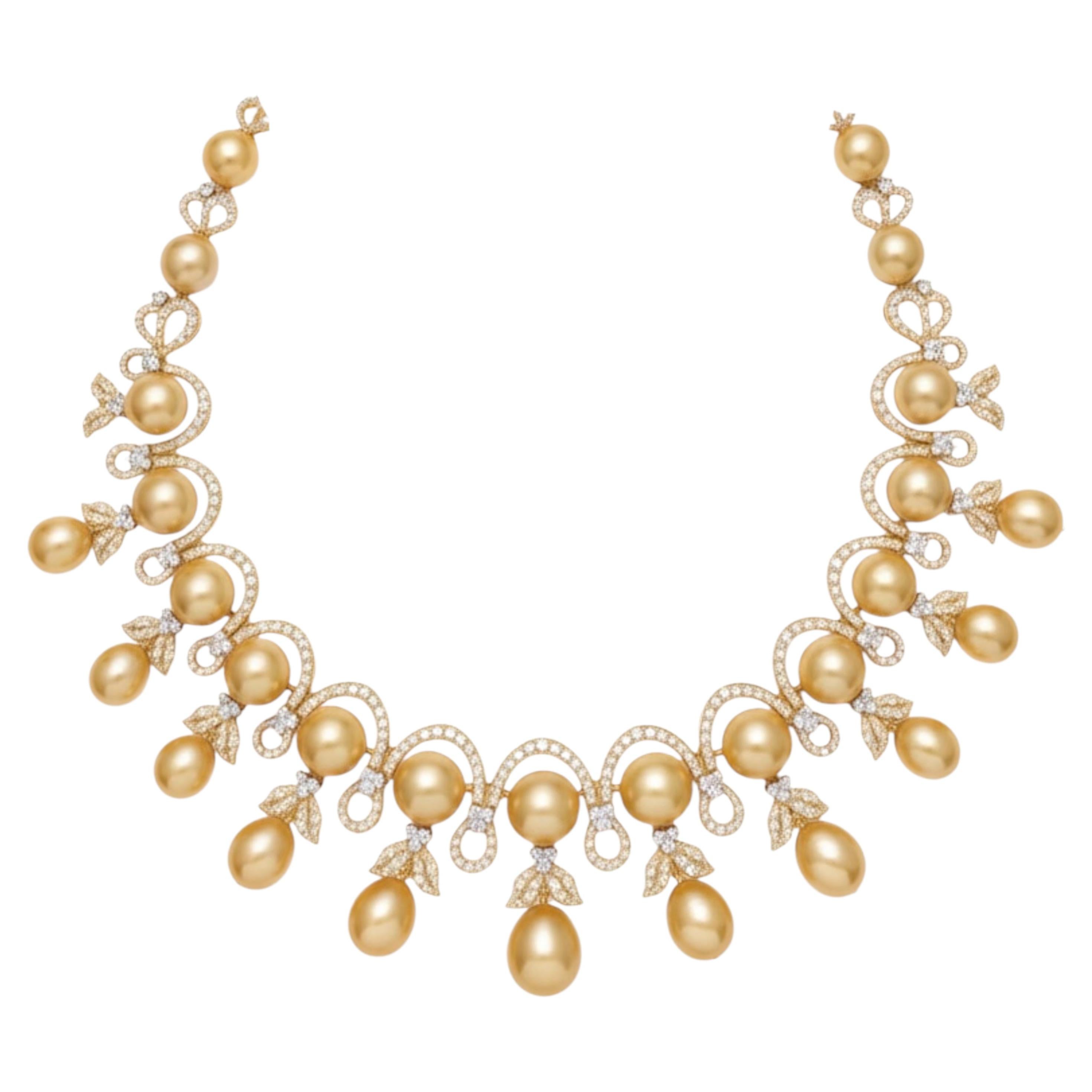 Collar de Diamantes Perla Dorada Mar del Sur Oro Amarillo 18K 13.75 Quilates Alta Joyería
