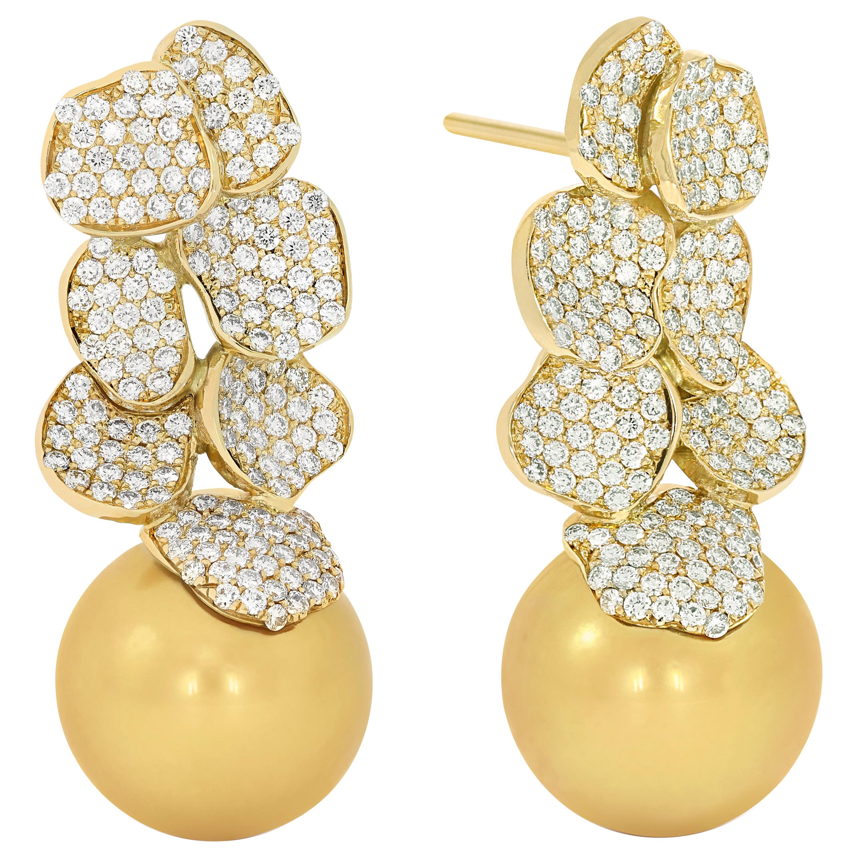 Rosior South Sea Golden Pearl and Diamond Contemporary Drop Earrings 