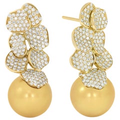 Rosior South Sea Golden Pearl and Diamond Contemporary Drop Earrings 