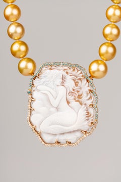 South Sea Golden Pearl Necklace with Mermaid Cameo Clasp and Brooch