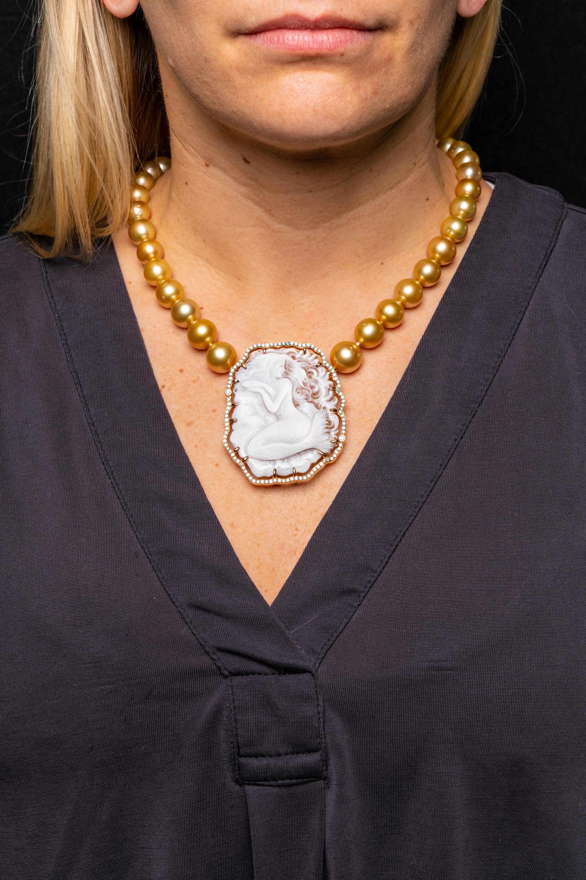 Bead South Sea Golden Pearl Necklace with Mermaid Cameo Clasp and Brooch For Sale