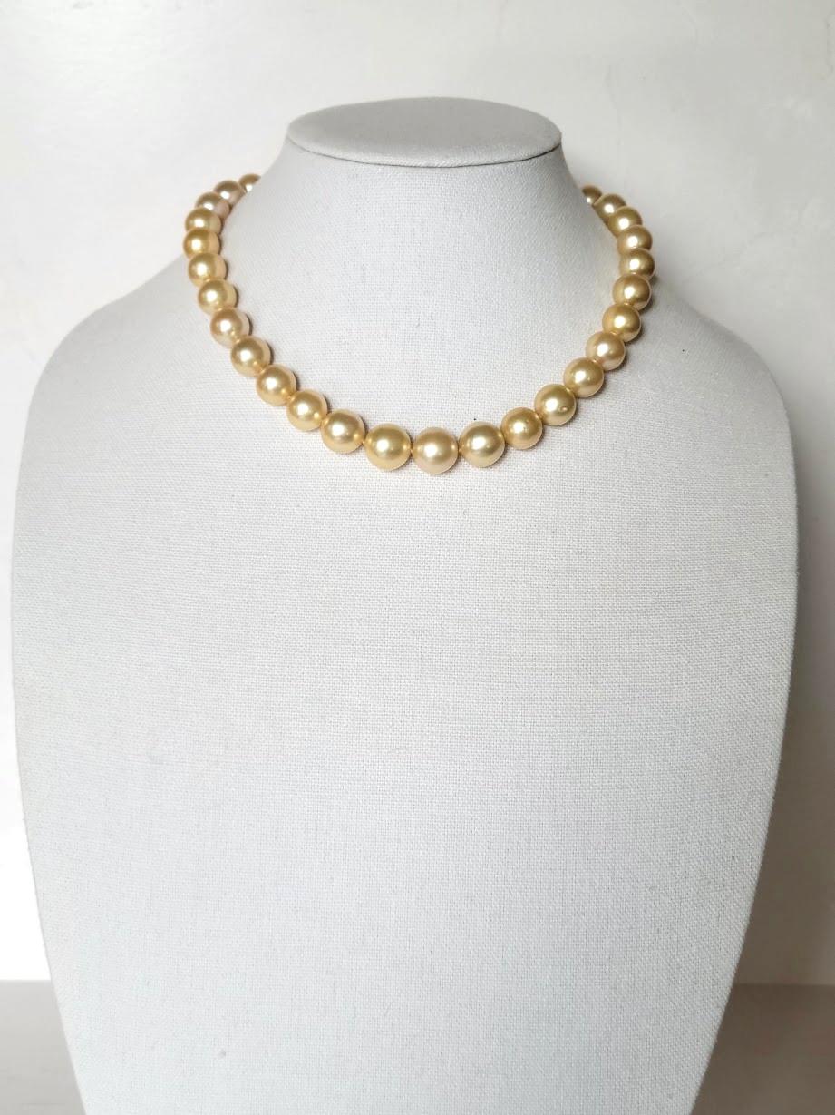 Bead South Sea Golden Pearls Necklace with 14K Gold Clasp For Sale