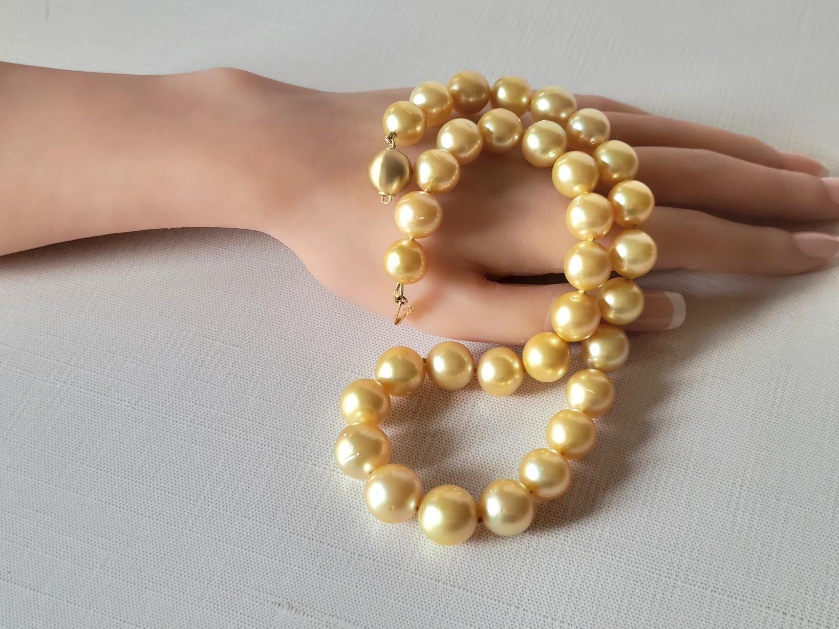 South Sea Golden Pearls Necklace with 14K Gold Clasp For Sale 4