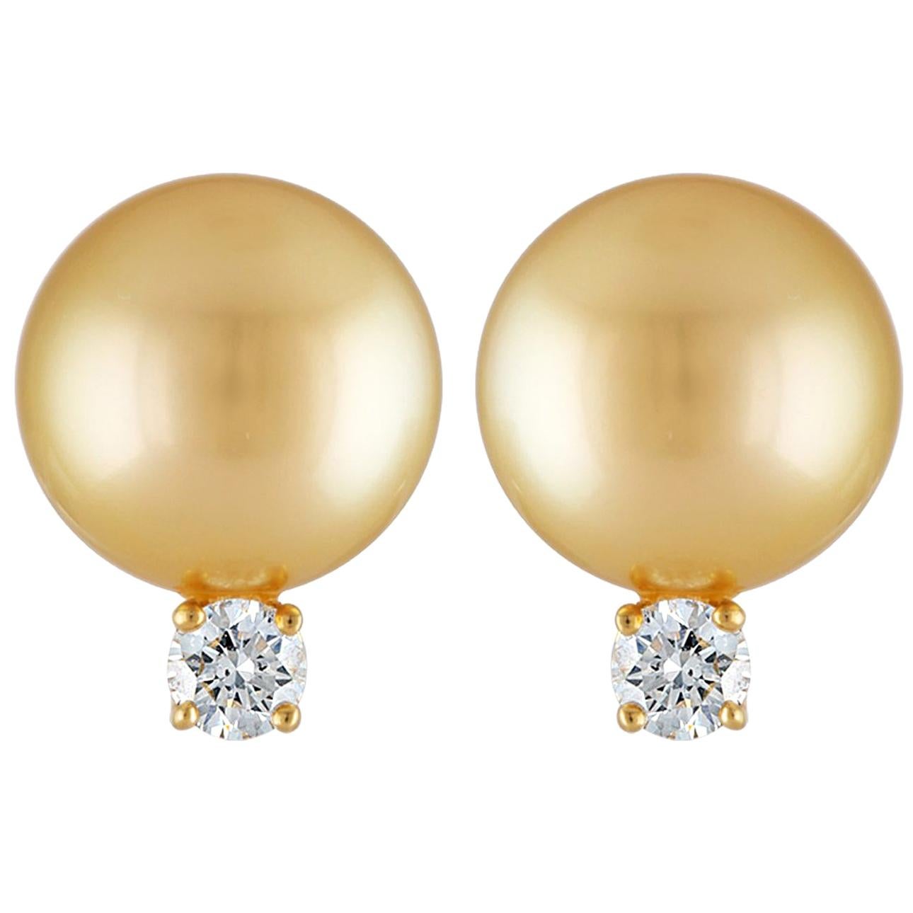 South Sea Golden Round Pearl and Diamond 18 Karat Yellow Gold Stud Earrings For Sale