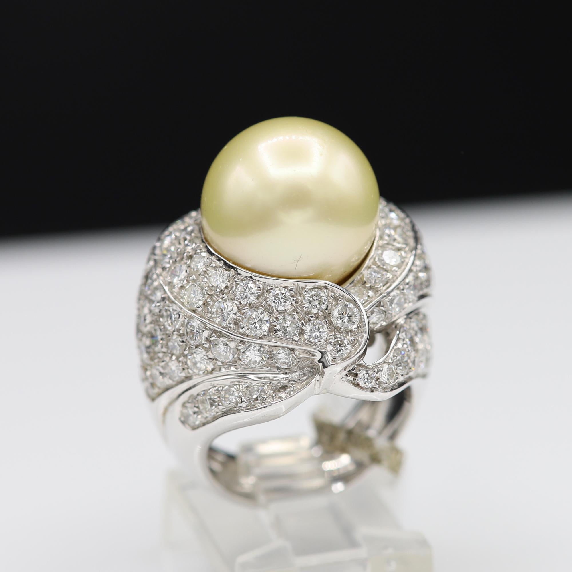 South Sea Golden/Yellow Pearl and Diamond Ring Pearl Large Cocktail Ring 2