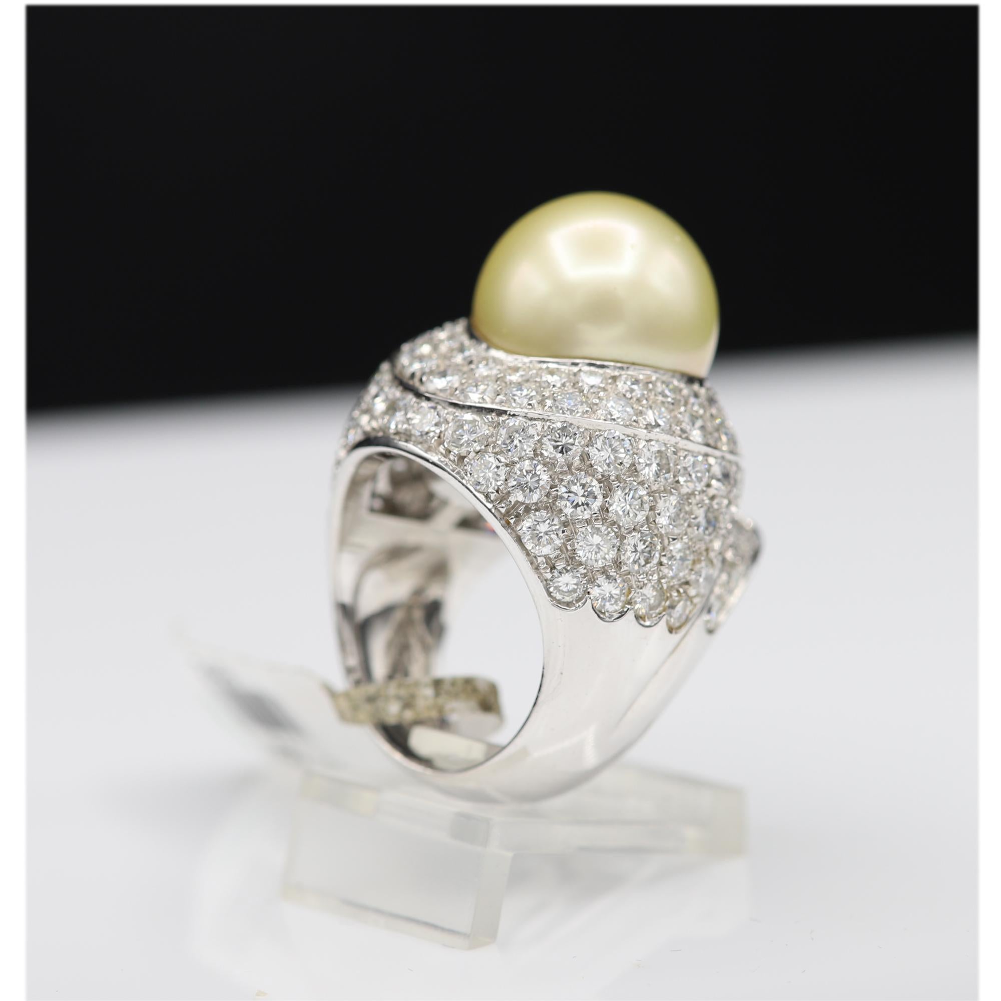 South Sea Golden/Yellow Pearl and Diamond Ring Pearl Large Cocktail Ring 4