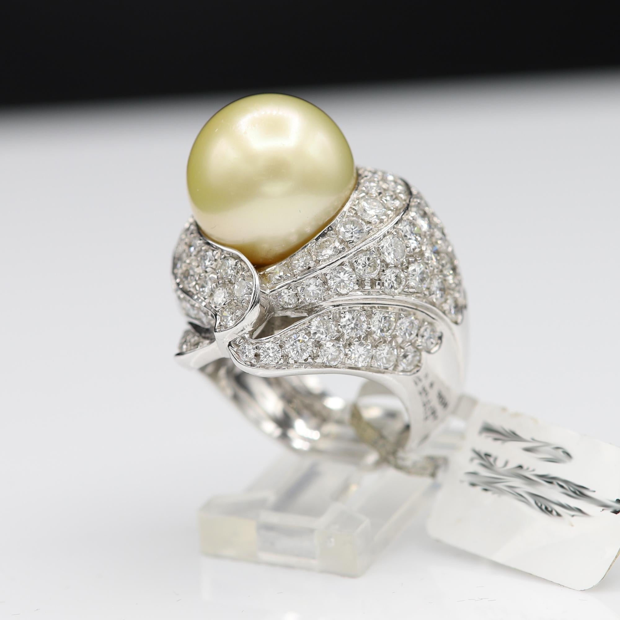 South Sea Golden/Yellow Pearl and Diamond Ring Pearl Large Cocktail Ring 5