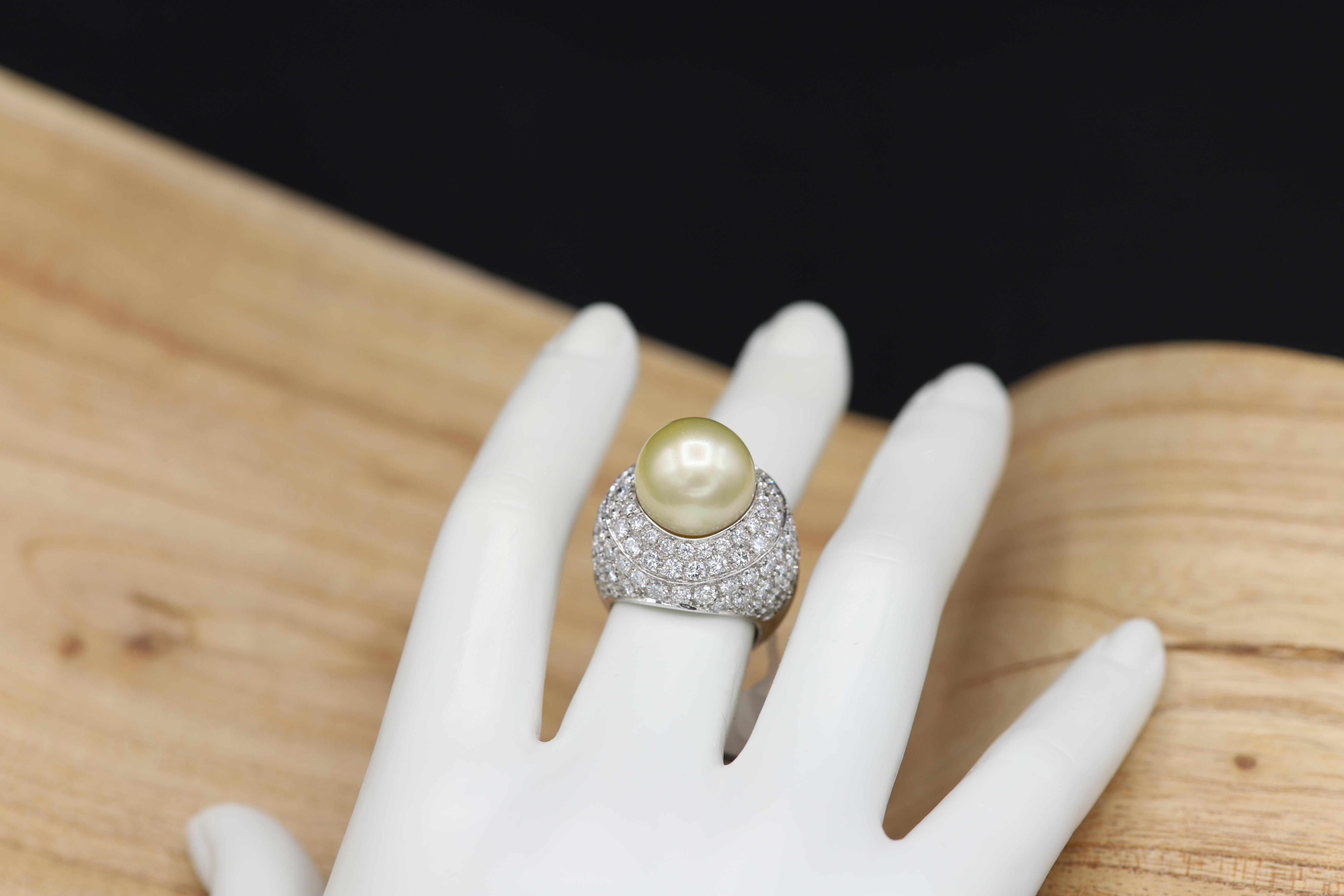 Round Cut South Sea Golden/Yellow Pearl and Diamond Ring Pearl Large Cocktail Ring