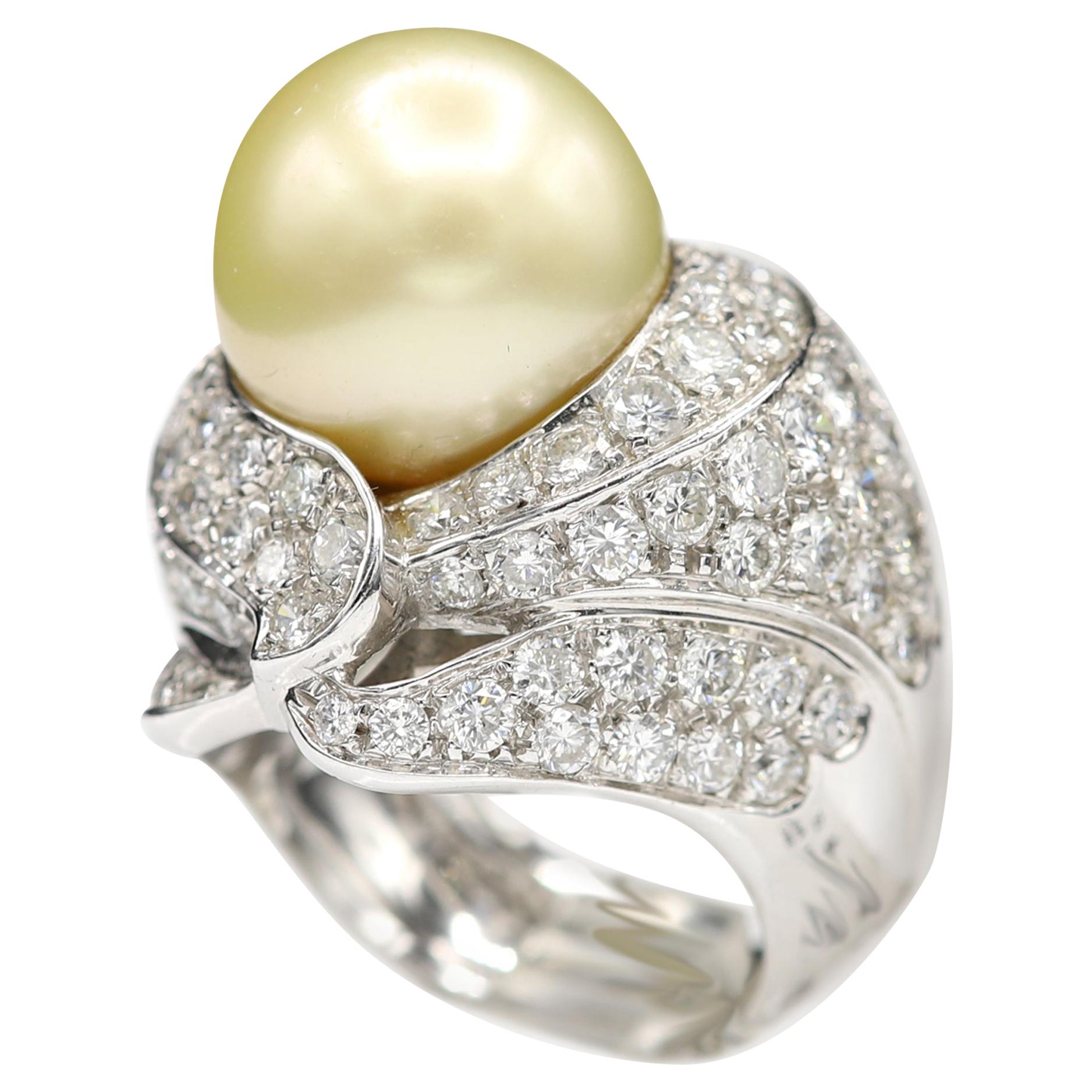 South Sea Golden/Yellow Pearl and Diamond Ring Pearl Large Cocktail Ring