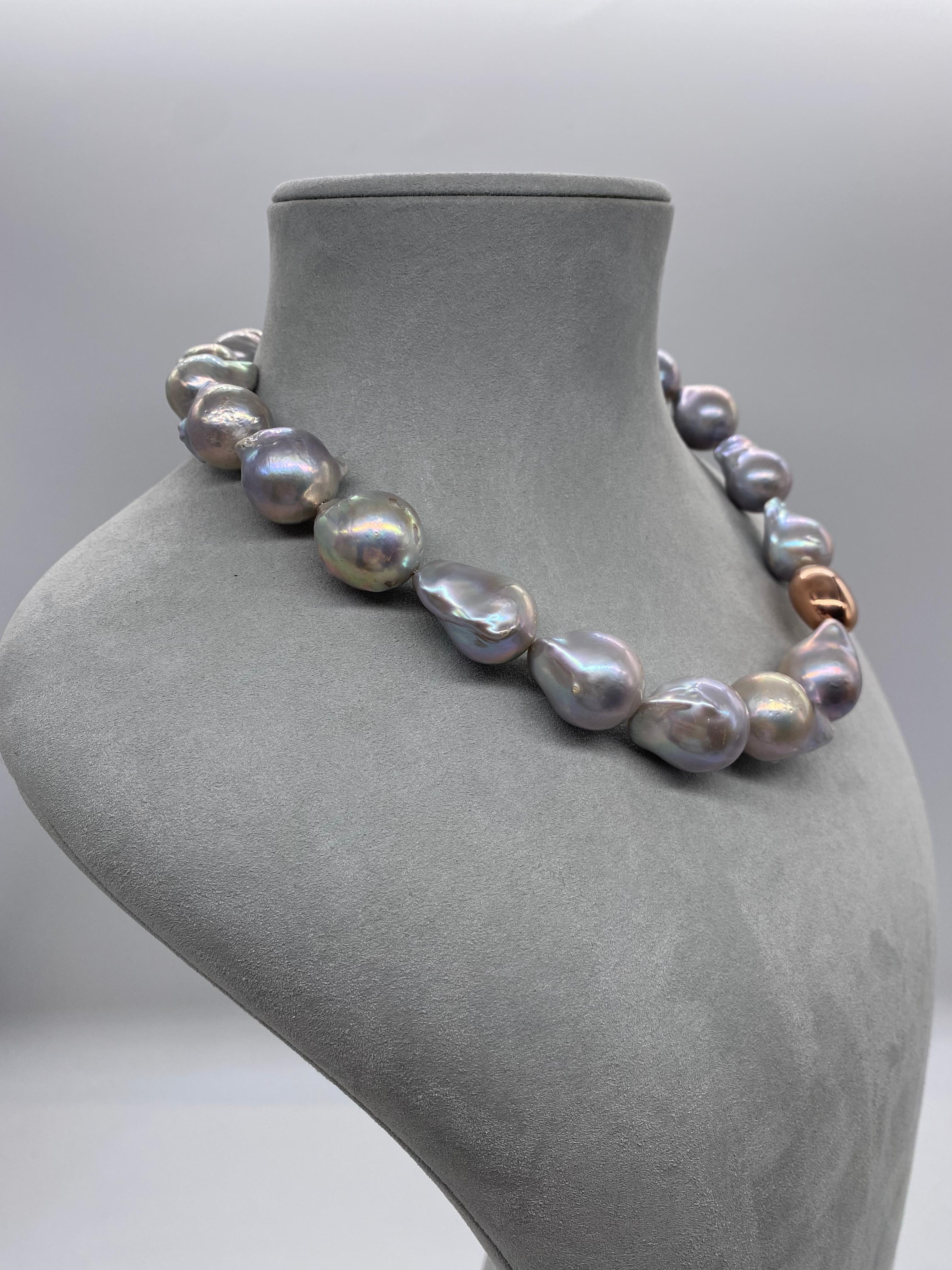Bead Necklace South Sea Grey Baroque Pearl Rose Gold 18 Karat For Sale