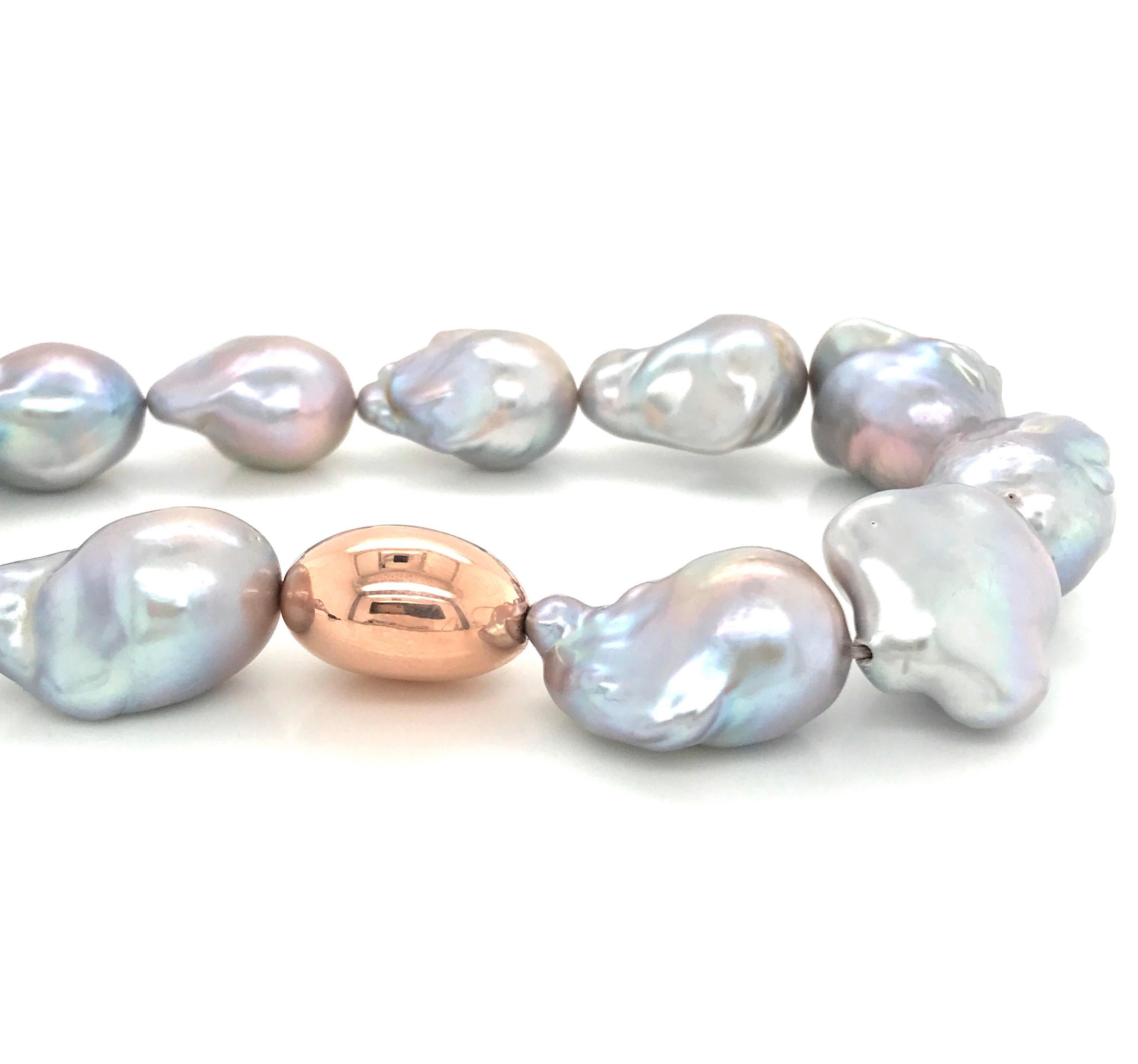 Uncut South Sea Grey Baroque Pearl with Pink Gold Necklace