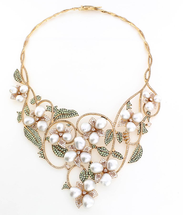 South Sea Keshi Pearl Rose Gold Diamond Necklace For Sale at 1stdibs