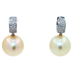 South Sea Light Yellow Golden Pearl Diamond 18K White Gold Pave Huggie Earrings