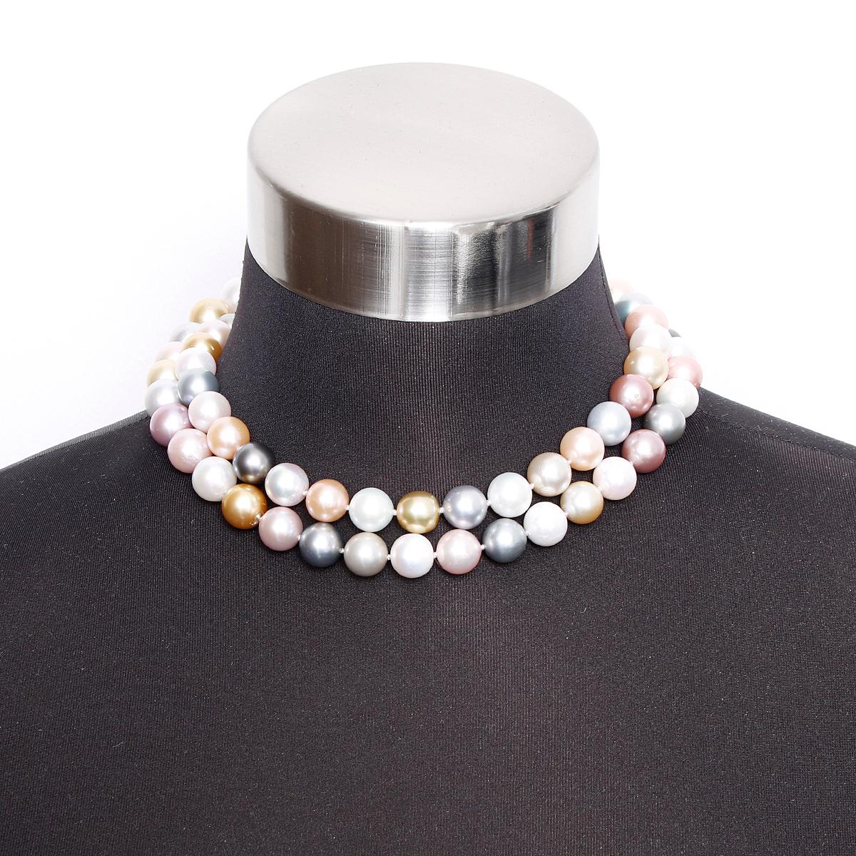 South Sea Multicolor Peal Necklace with Diamond Clasp 35 inches - . This elegant multicolored pearl necklace features natural, unenhanced pearls from all over the world ranging in size from 11.3 to 14.4 mm. The white Pearls are from Australia, pink