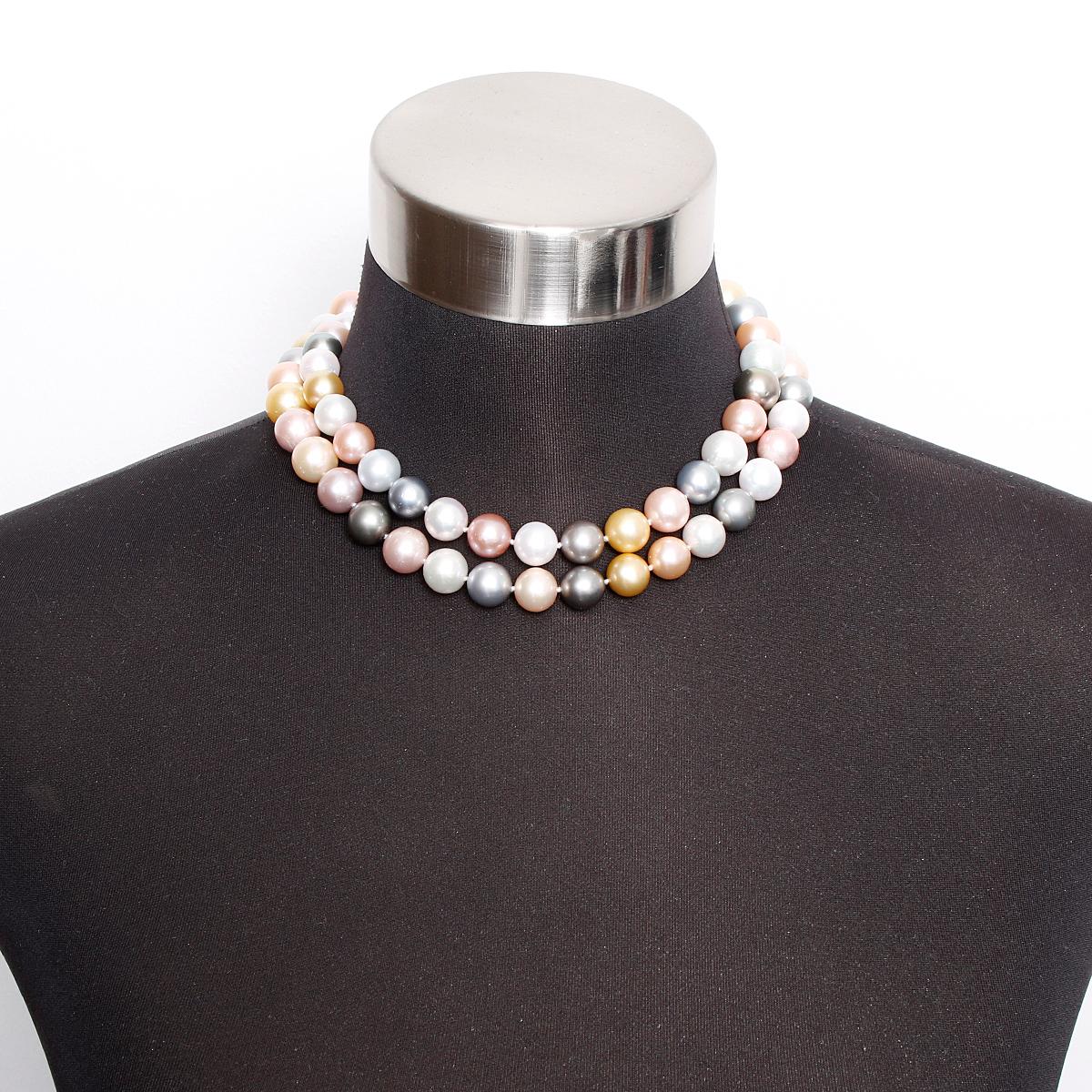 South Sea Multicolor Peal Necklace with Diamond Clasp 33 inches - . This elegant multicolored pearl necklace features natural, unenhanced pearls from all over the world ranging in size from 11.2 to 14.9 mm. The white Pearls are from Australia, pink