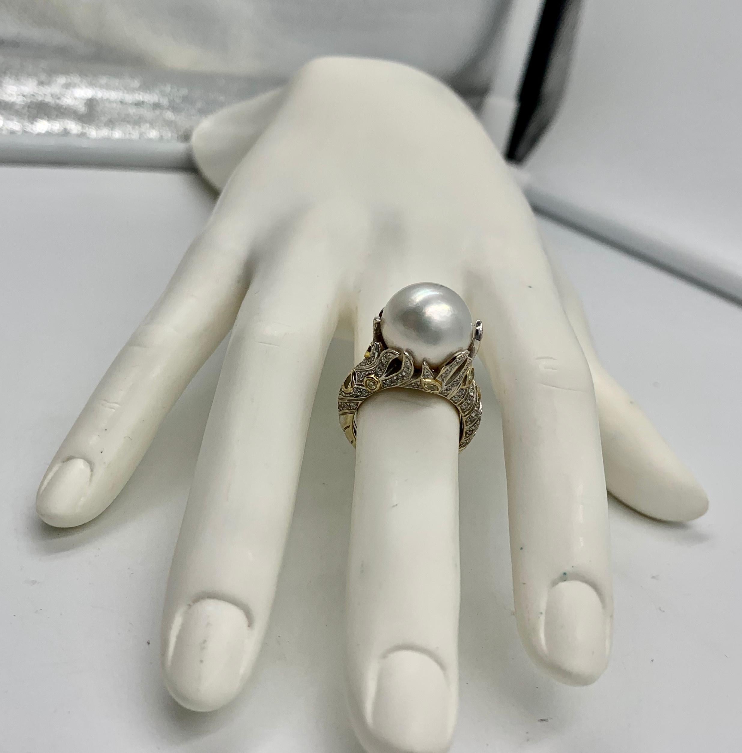South Sea Pearl 130 Fancy Yellow Diamond White Diamond Ring 18 Karat Gold 5