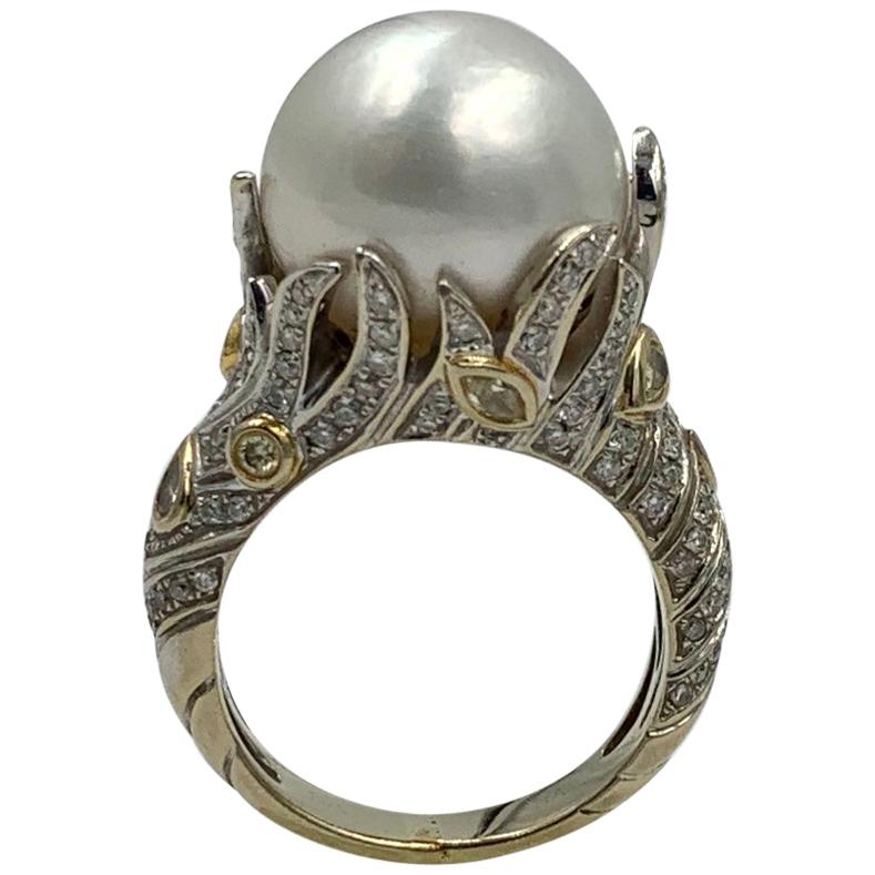 South Sea Pearl 130 Fancy Yellow Diamond White Diamond Ring 18 Karat Gold