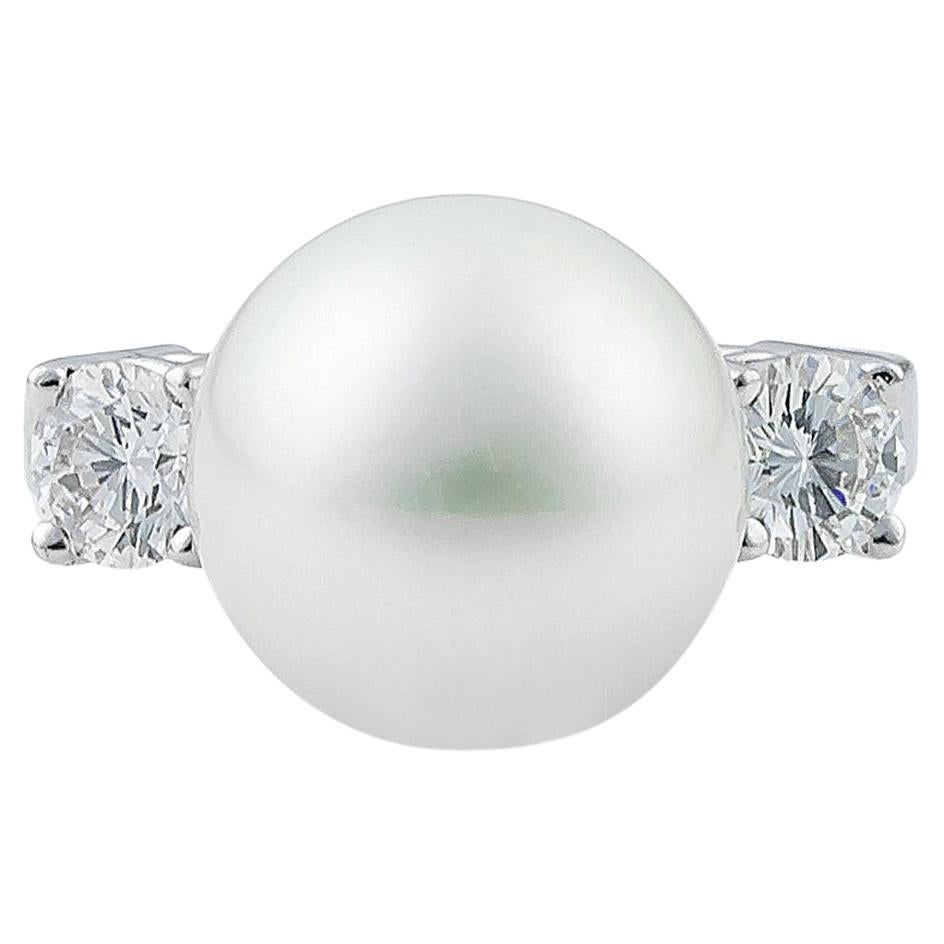 Bague perle des mers du sud 13mm avec diamants taille brillant 0, 95 ct en 18Kt  Or