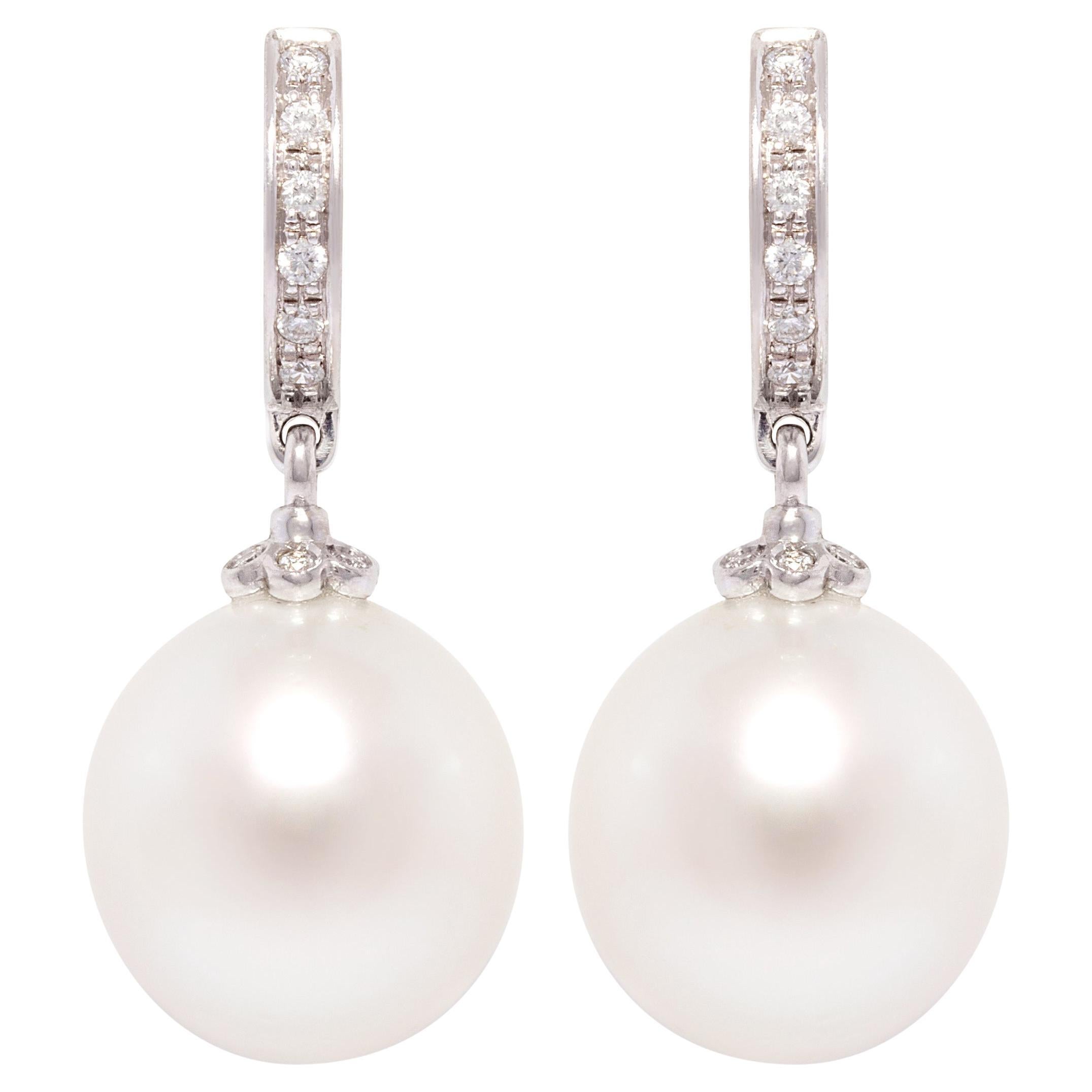 South Sea Pearl 14.5mm Diamond Hoop Drop Earrings Design by Ella Gafter