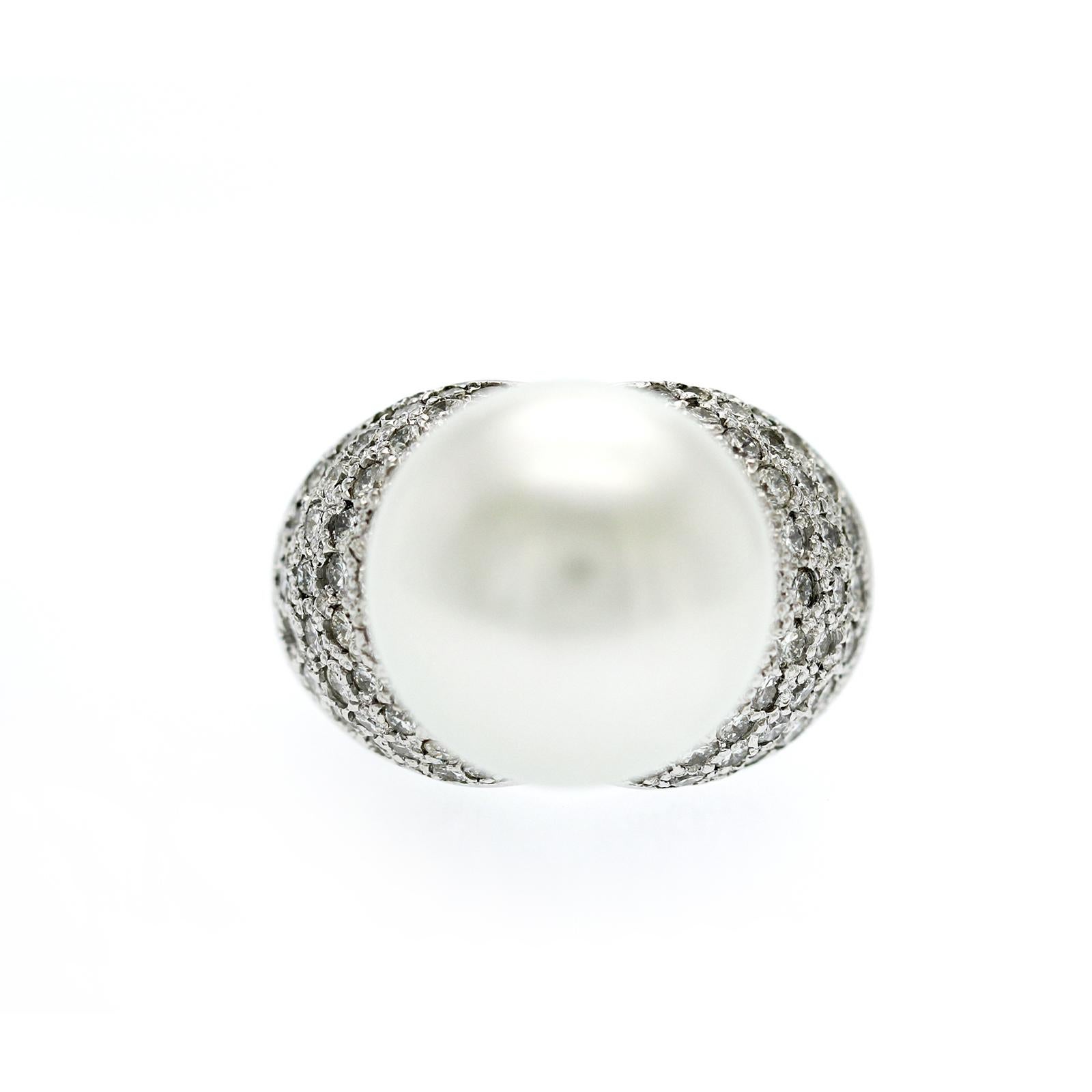 100% Authentic, 100% Customer Satisfaction
Height: 15.5 mm
Width: 4.5 mm
Size:  6 ( Contact Us for Sizing)
Metal:14K White Gold
Hallmarks: 14K
Total Weight: 16.6 Grams
Stone Type: 15 mm South Sea Pearl & Approximately 1.10 CT Diamonds Color H-L