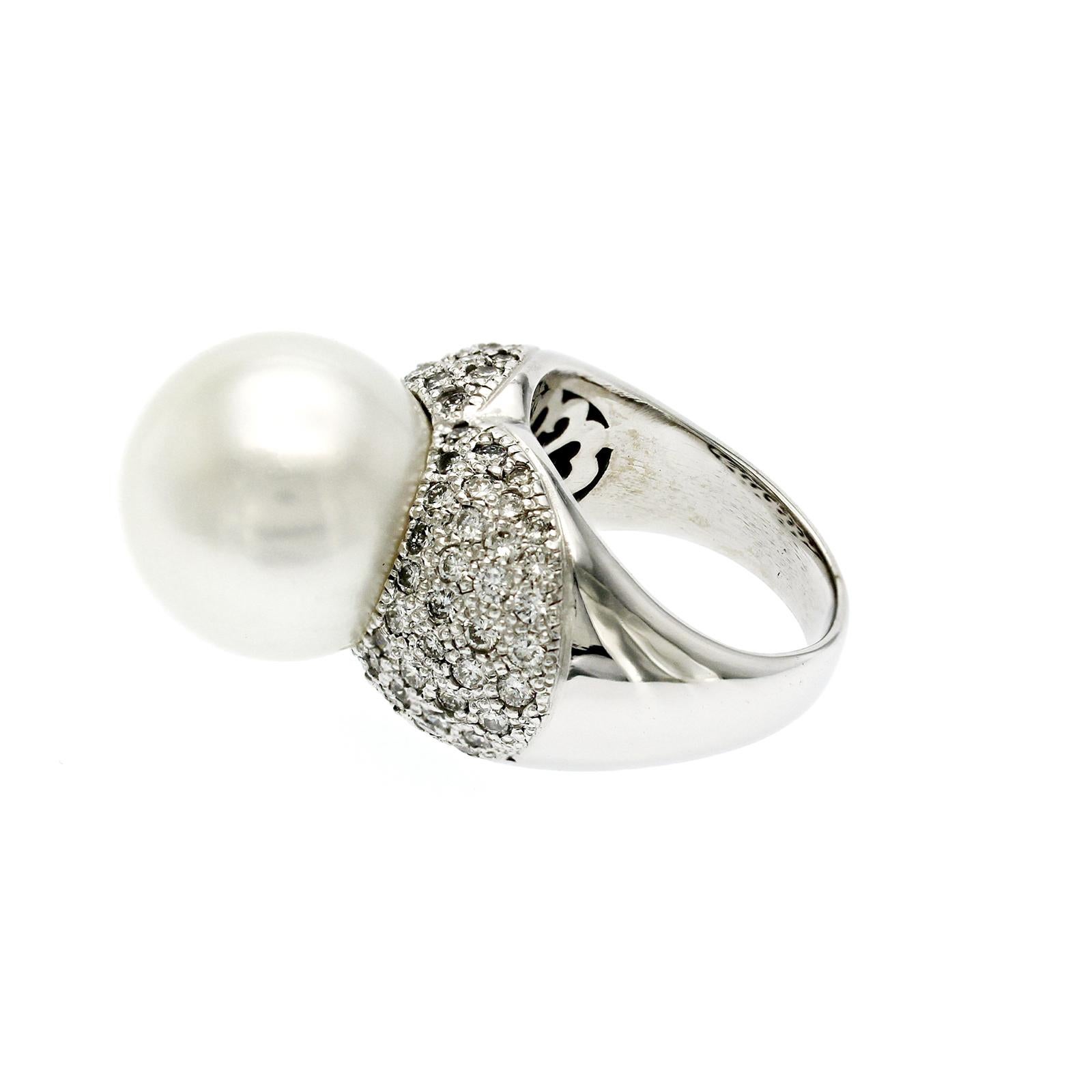 South Sea Pearl 15MM & Diamond Pave 14K White Gold Solitaire Ring For Sale 2