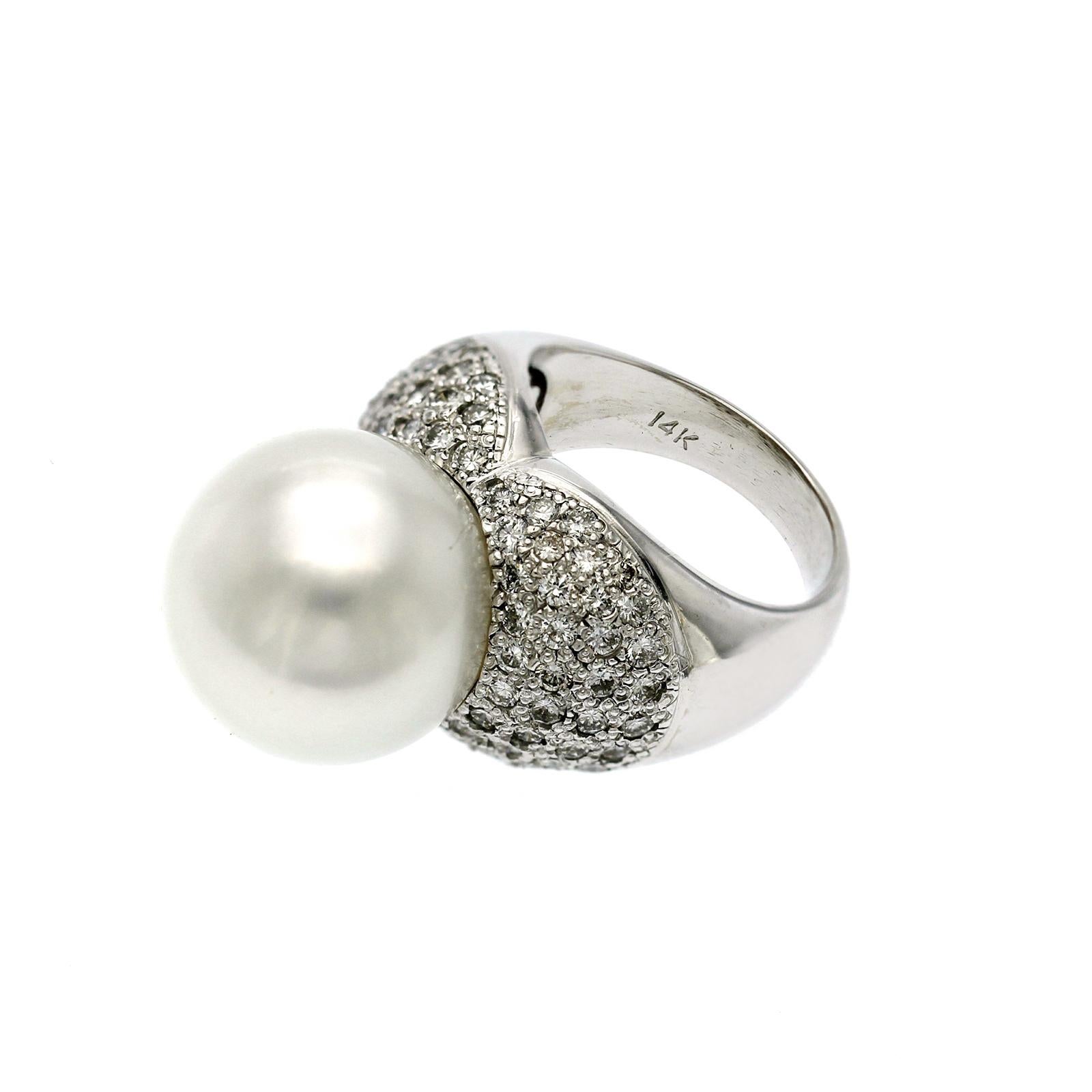 South Sea Pearl 15MM & Diamond Pave 14K White Gold Solitaire Ring For Sale 3