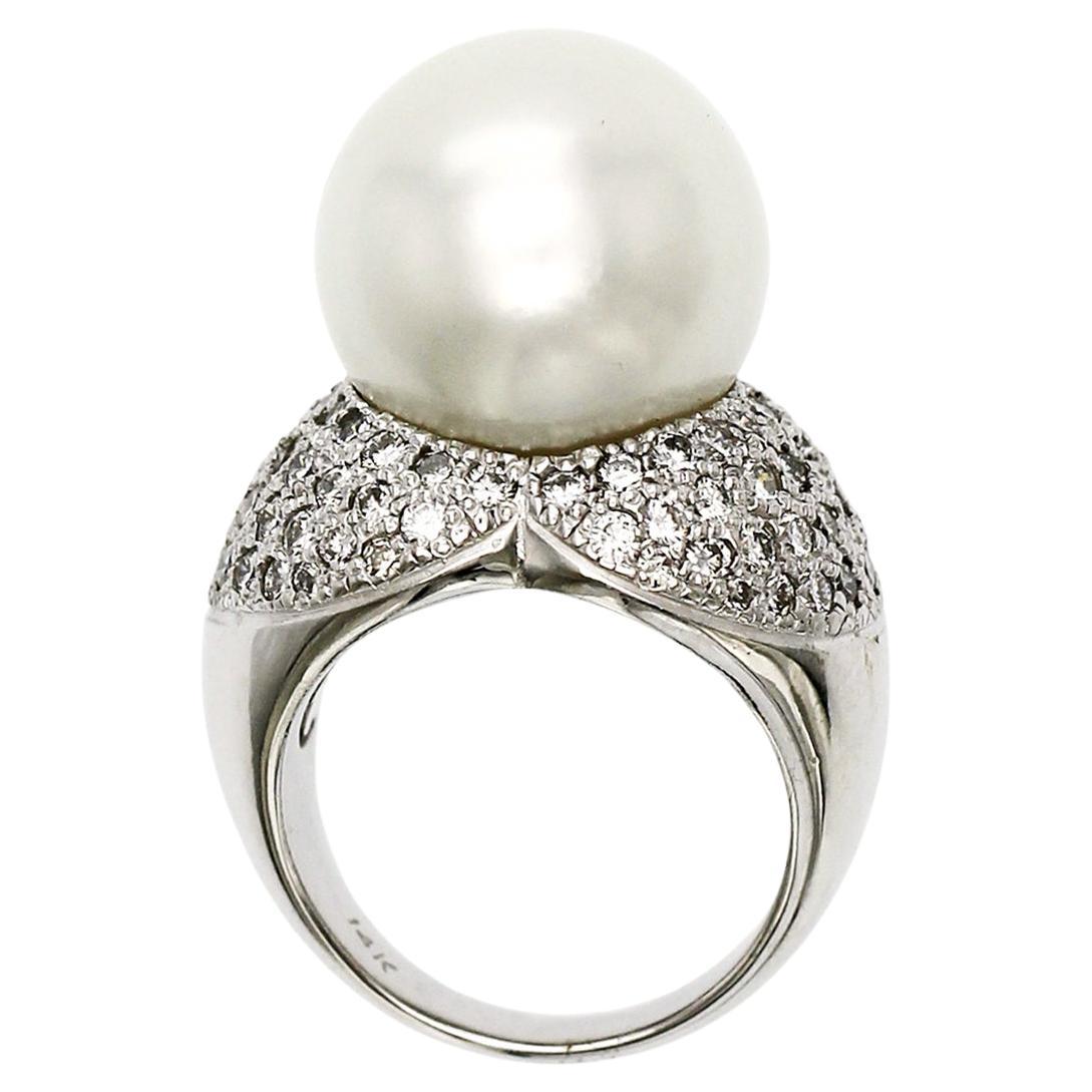 Bague solitaire en or blanc 14 carats avec perle des mers du Sud 15 mm et diamants pavés