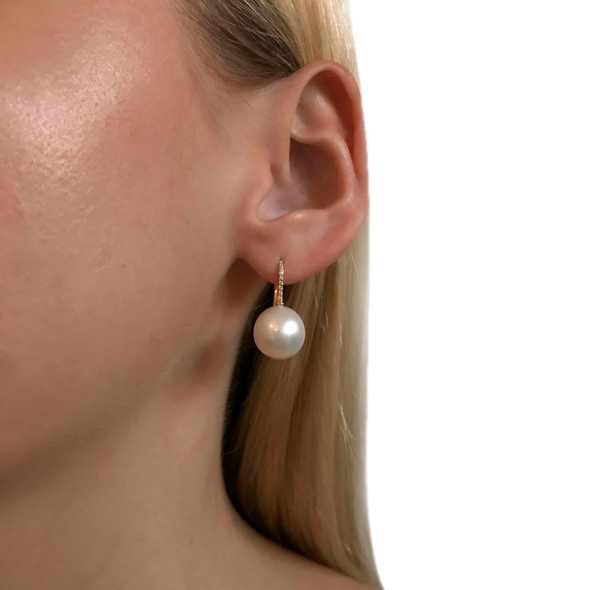 South Sea Pearl and 18 Karat Yellow Gold Diamond Set Hook Drop Earrings 4