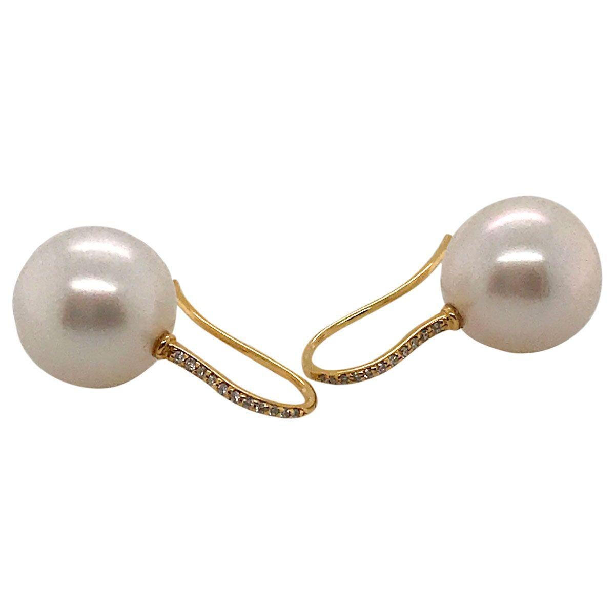 Contemporary South Sea Pearl and 18 Karat Yellow Gold Diamond Set Hook Drop Earrings