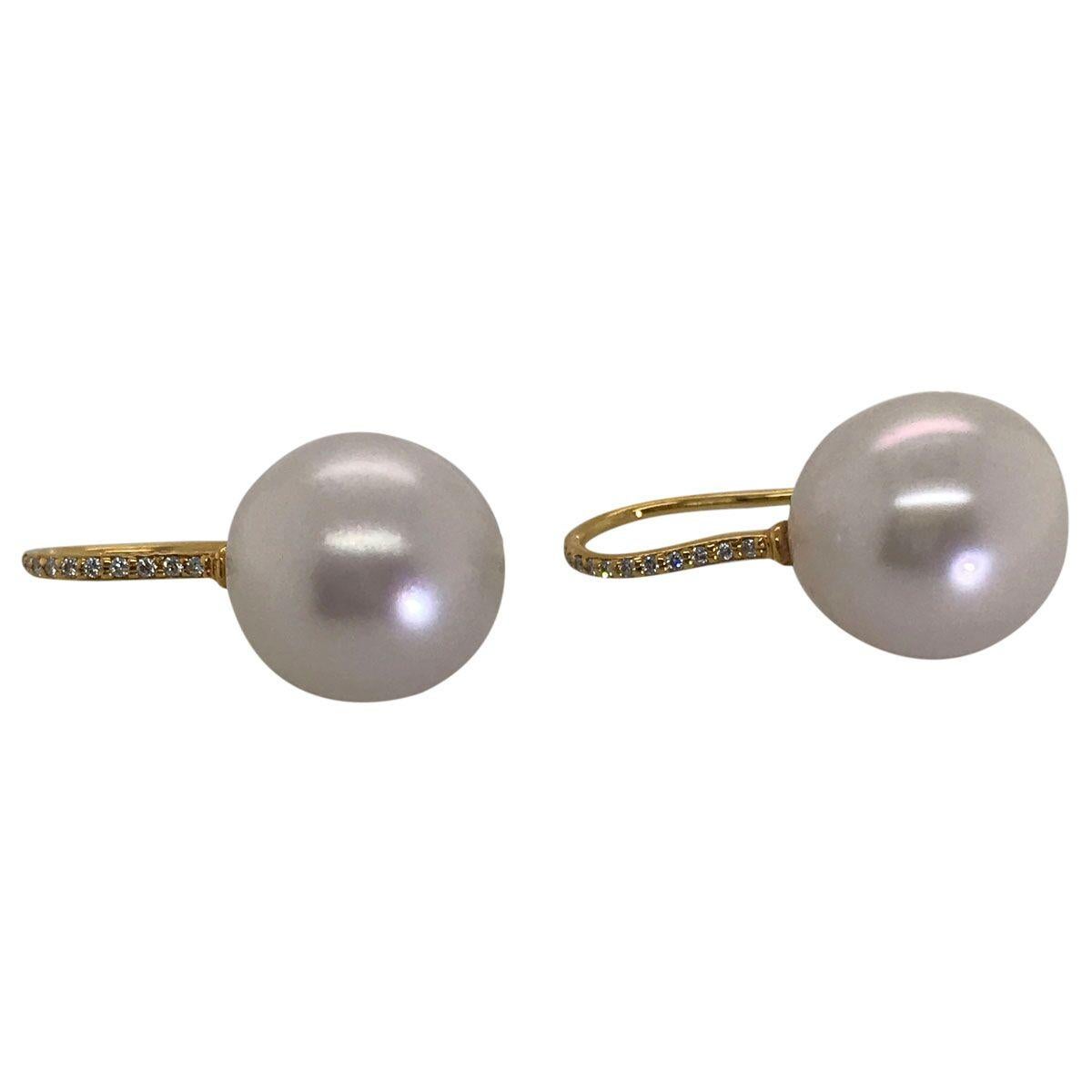 Oval Cut South Sea Pearl and 18 Karat Yellow Gold Diamond Set Hook Drop Earrings