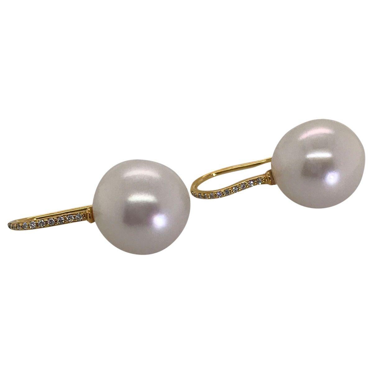 South Sea Pearl and 18 Karat Yellow Gold Diamond Set Hook Drop Earrings In New Condition In QLD , AU