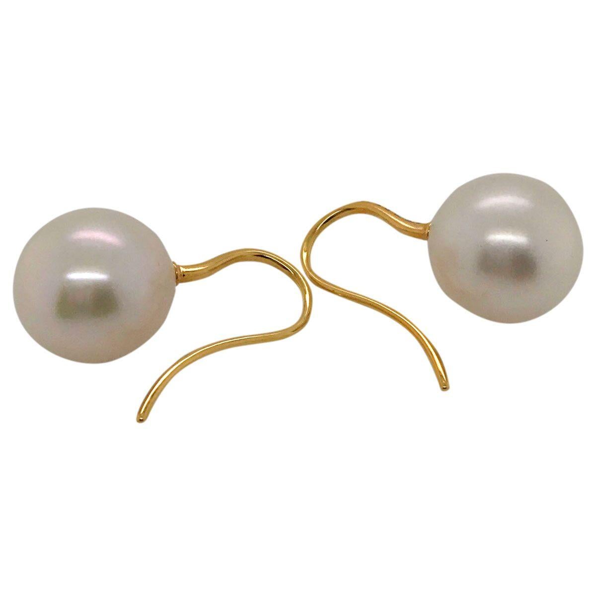 Women's South Sea Pearl and 18 Karat Yellow Gold Diamond Set Hook Drop Earrings