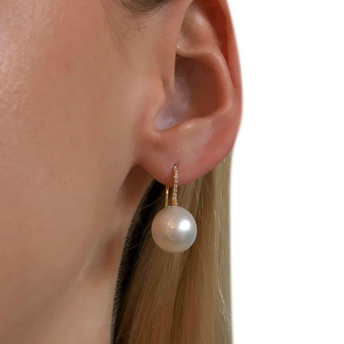 South Sea Pearl and 18 Karat Yellow Gold Diamond Set Hook Drop Earrings 2