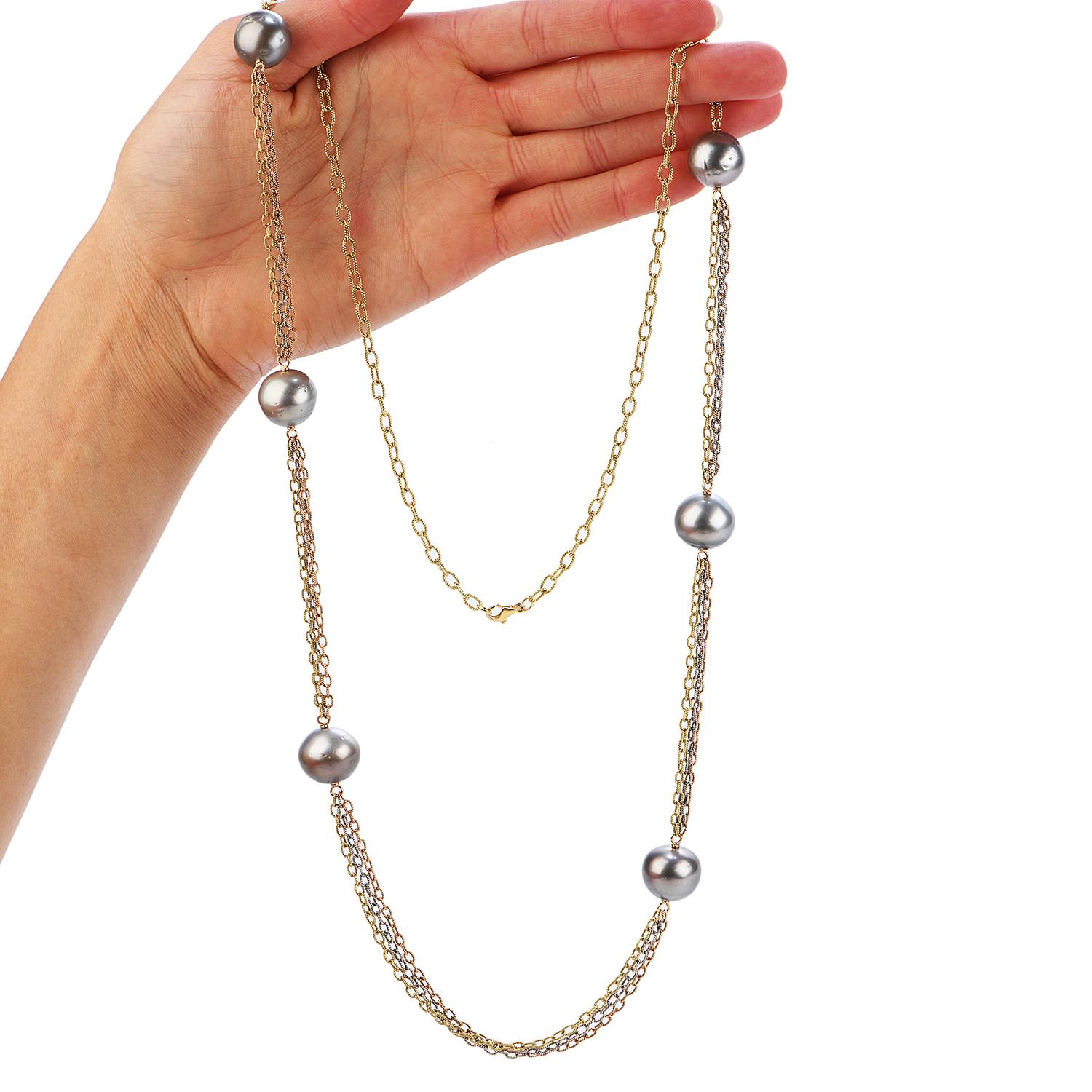 Modern South Sea Pearl 18k TriTone Gold Link Chain Necklace