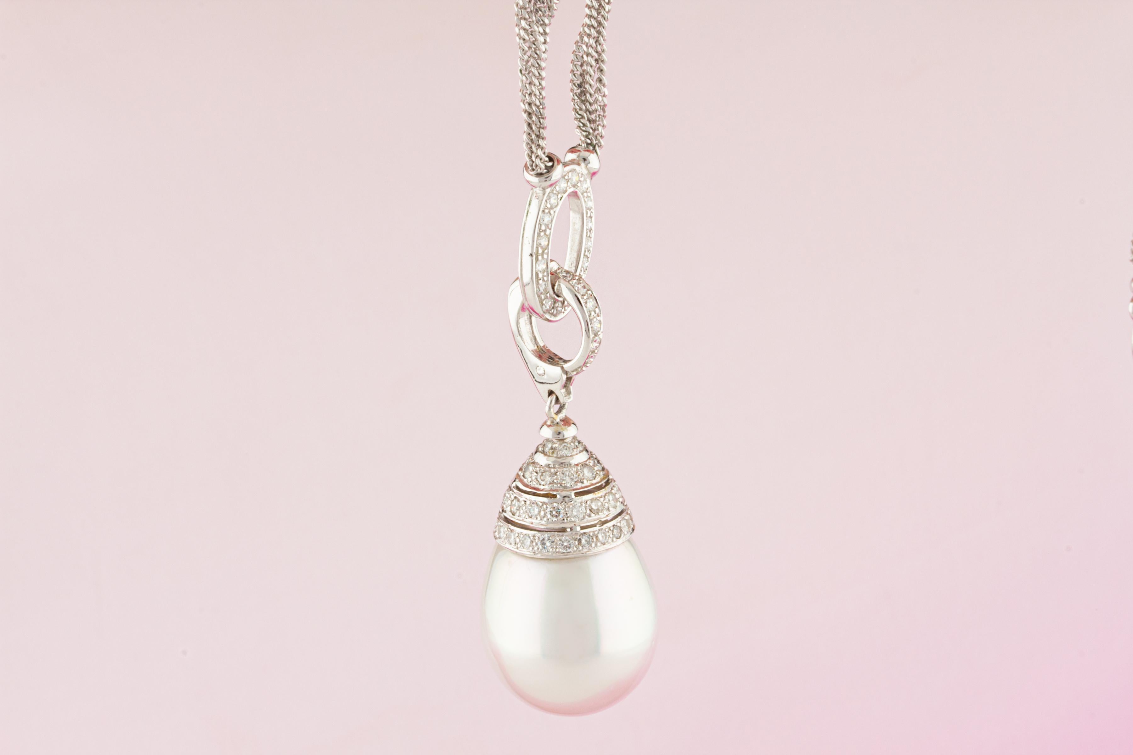 Women's or Men's South Sea Pearl 21 x 17mm Diamond Pendant Necklace Design by Ella Gafter For Sale