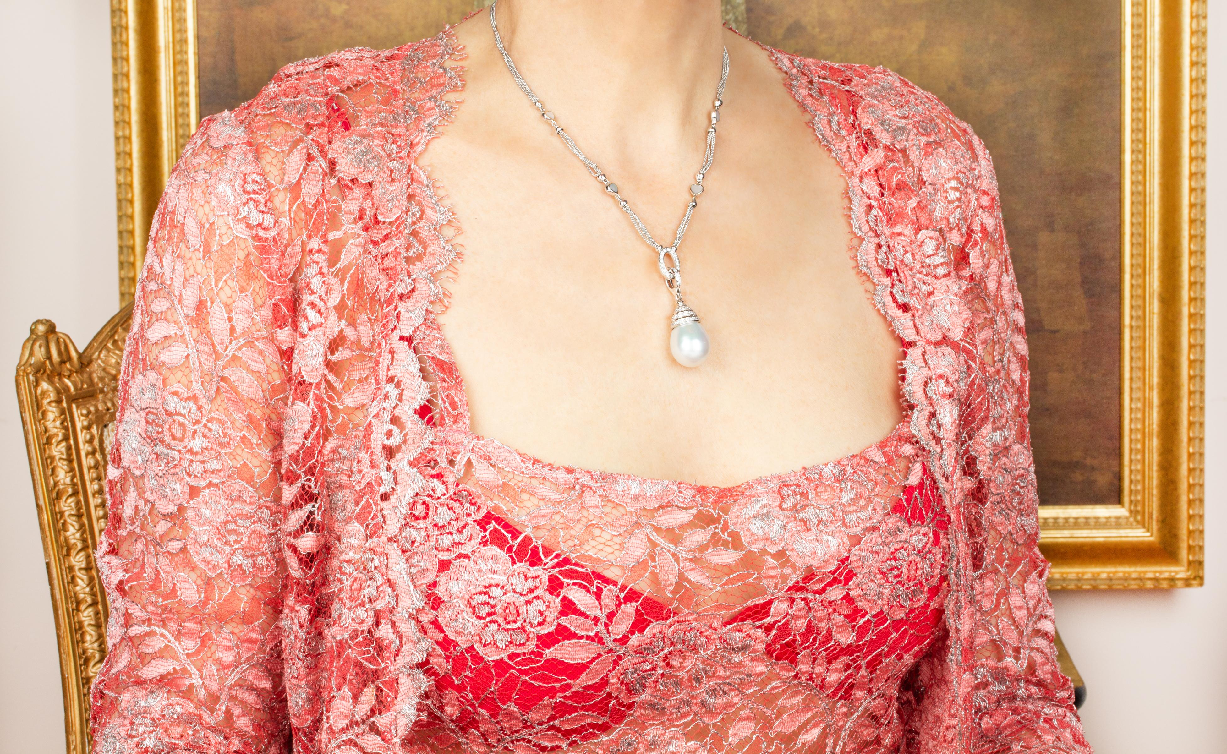 South Sea Pearl 21 x 17mm Diamond Pendant Necklace Design by Ella Gafter For Sale 3