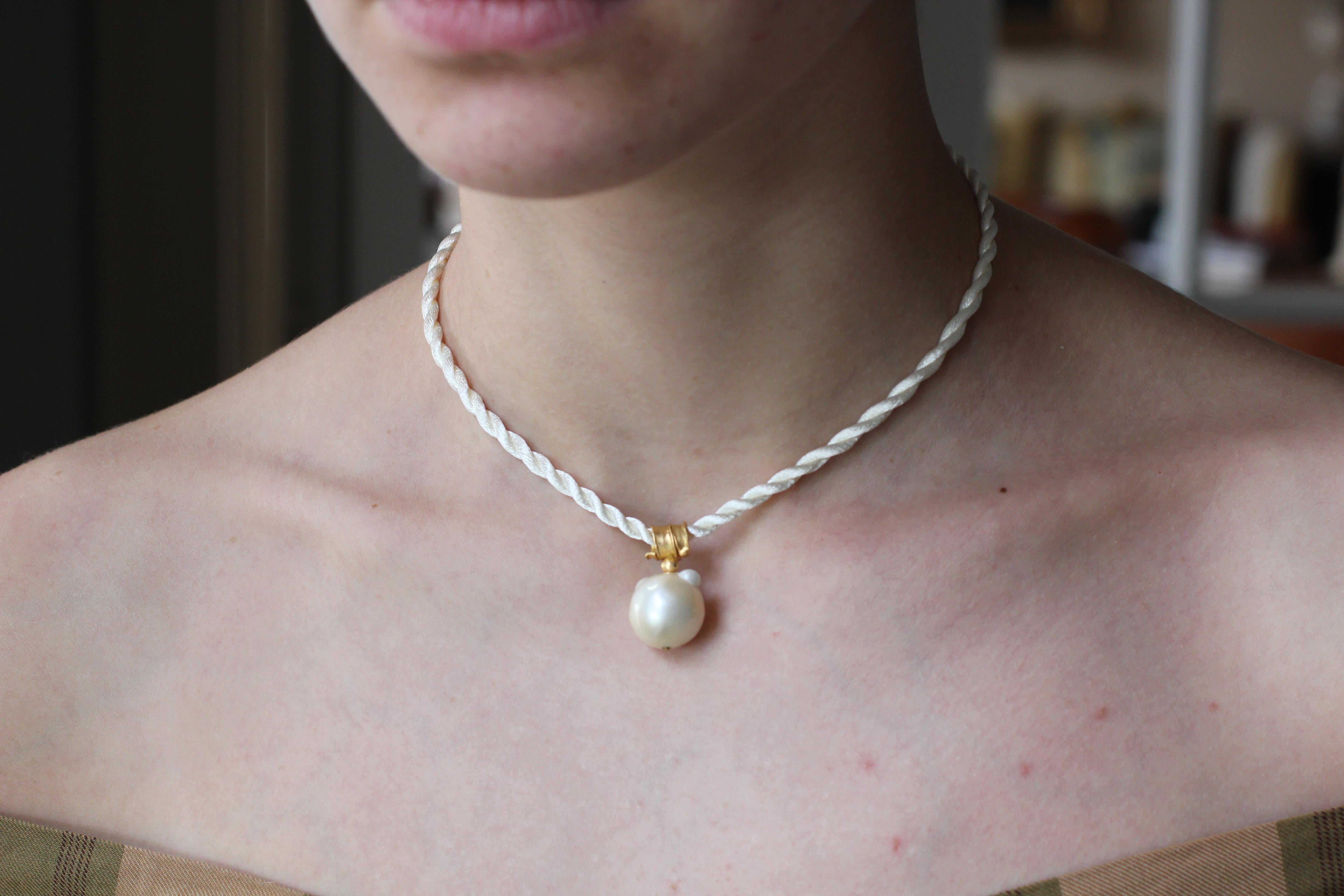 Round Cut South Sea Pearl 22 Karat Gold Pendant Organic Handmade Designer Choker Necklace